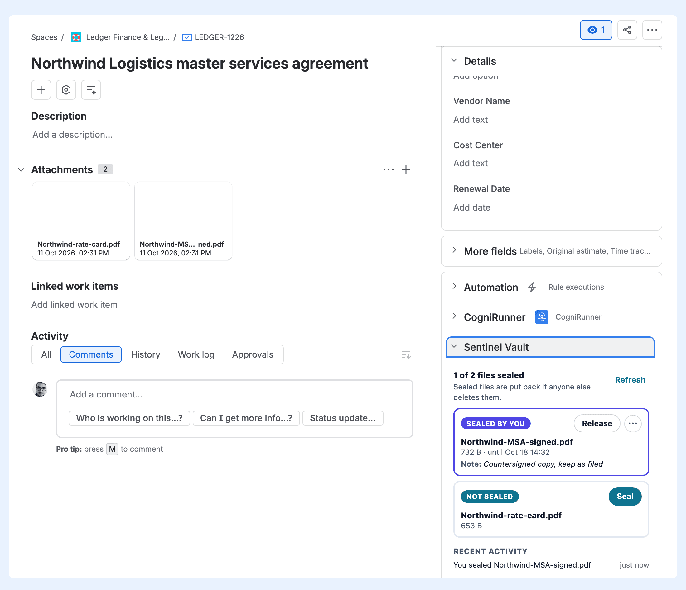 A Jira issue with two PDF attachments and the Sentinel Vault section in the right-hand column: Northwind-MSA-signed.pdf sealed by you until Oct 18 with a note, Northwind-rate-card.pdf not sealed with a Seal button, and the recent activity line You sealed Northwind-MSA-signed.pdf
