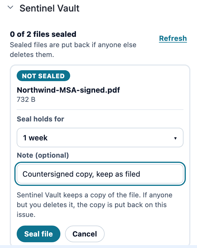The seal form in the Sentinel Vault section of a Jira issue: Seal holds for 1 week, the note Countersigned copy, keep as filed, the line Sentinel Vault keeps a copy of the file, and the Seal file and Cancel buttons