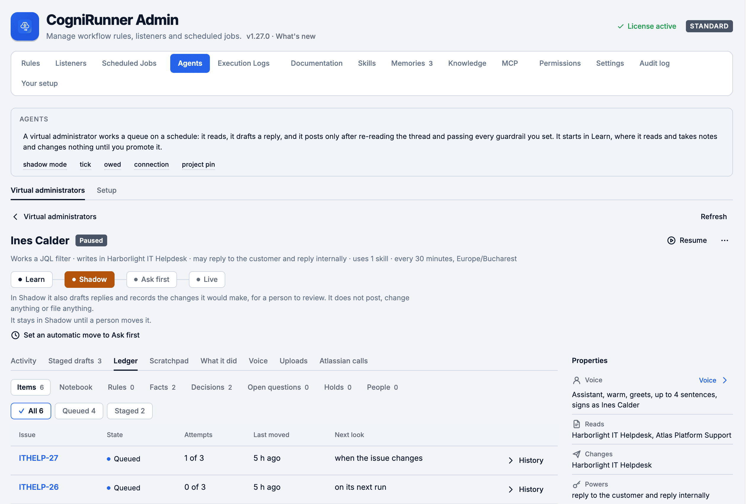 The admin panel's Agents tab with Ines Calder, a Virtual Administrator in Shadow and paused, its phase strip, tabs and ledger items