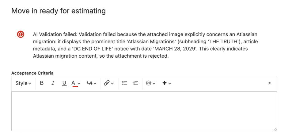 Jira's transition screen with CogniRunner's AI Validation failed message describing what it found in an attached image