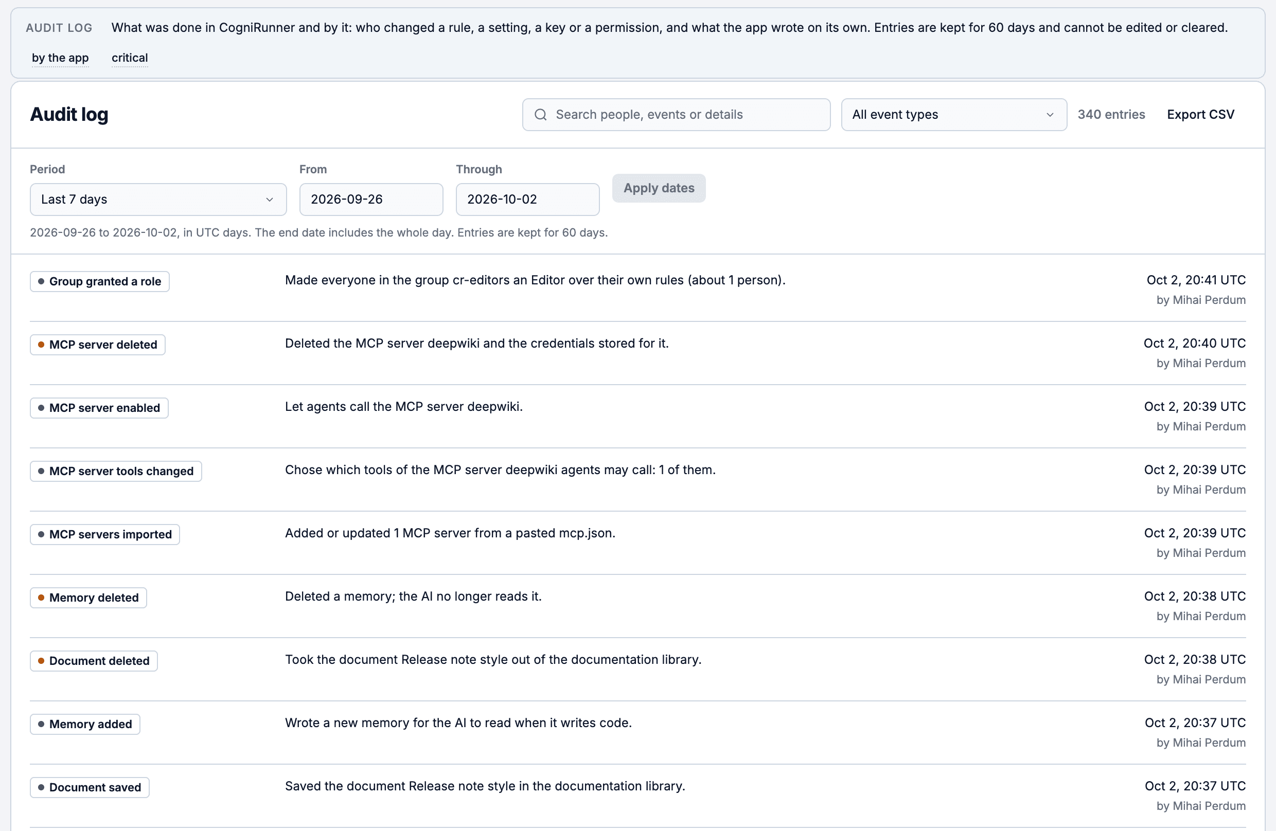 The CogniRunner Audit log: entries for a group granted a role, MCP server changes and knowledge changes, with search, an event filter, dates and Export CSV