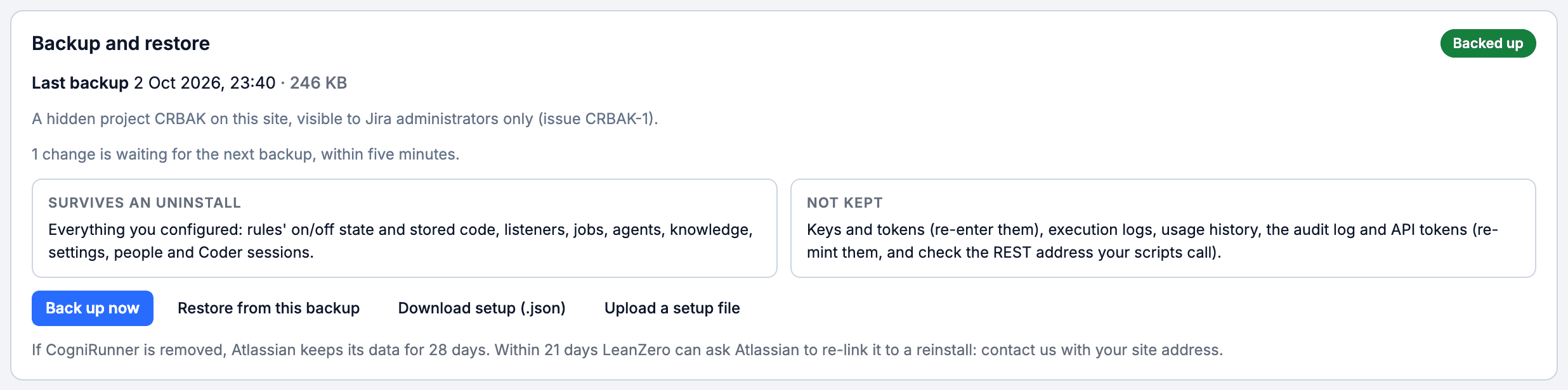 The Backup and restore card: last backup 246 KB in a hidden project CRBAK, what survives an uninstall, what is not kept, and Back up now, Restore, Download and Upload