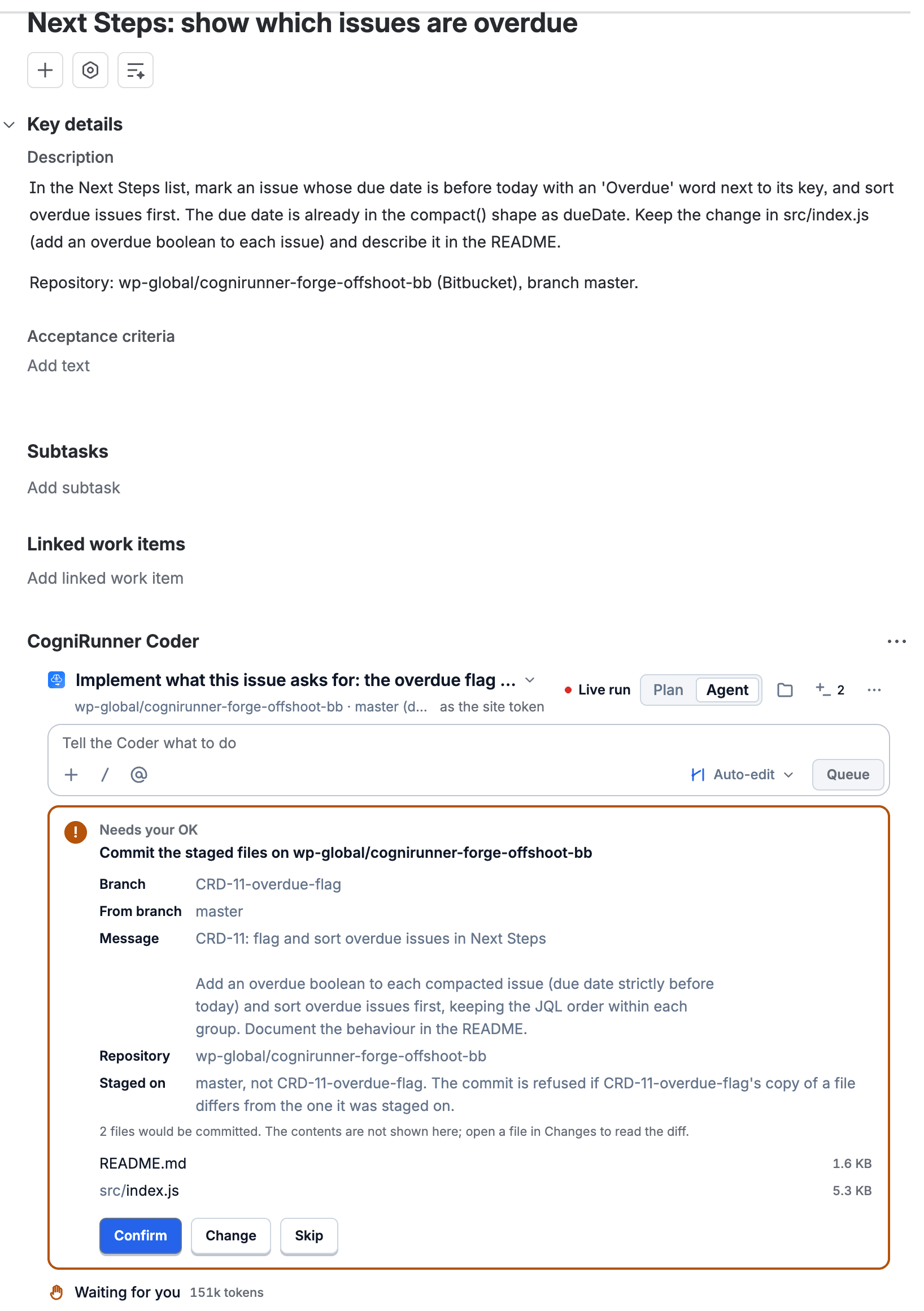 Jira issue CRD-11 with the CogniRunner Coder asking for OK to commit two staged files to a new branch, naming the branch, the message and each file