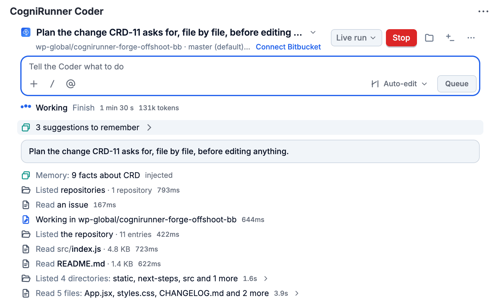 The CogniRunner Coder in a Jira issue panel working on CRD-11: memory injected, repository listed, issue and files read, one row per step