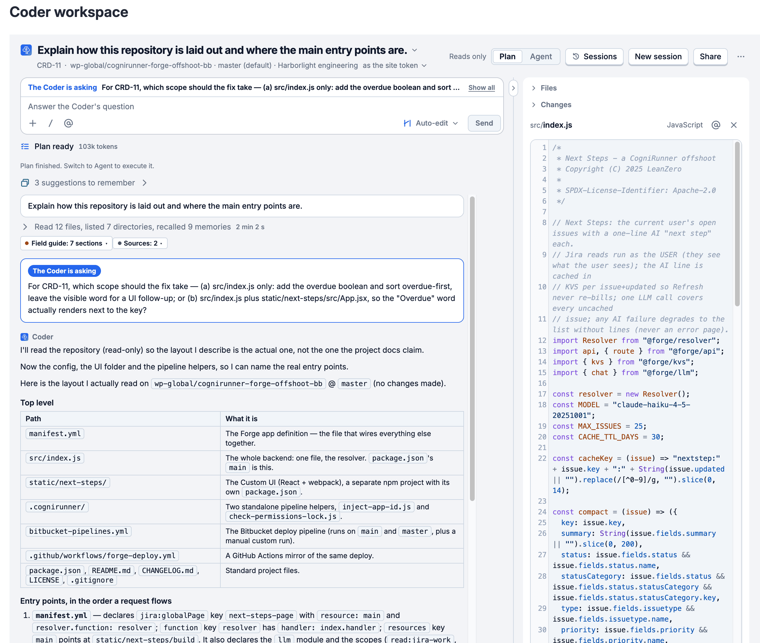 The full-screen CogniRunner Coder workspace in Plan mode: the Coder's question about CRD-11 on top, its read of the repository layout, and src/index.js open beside it