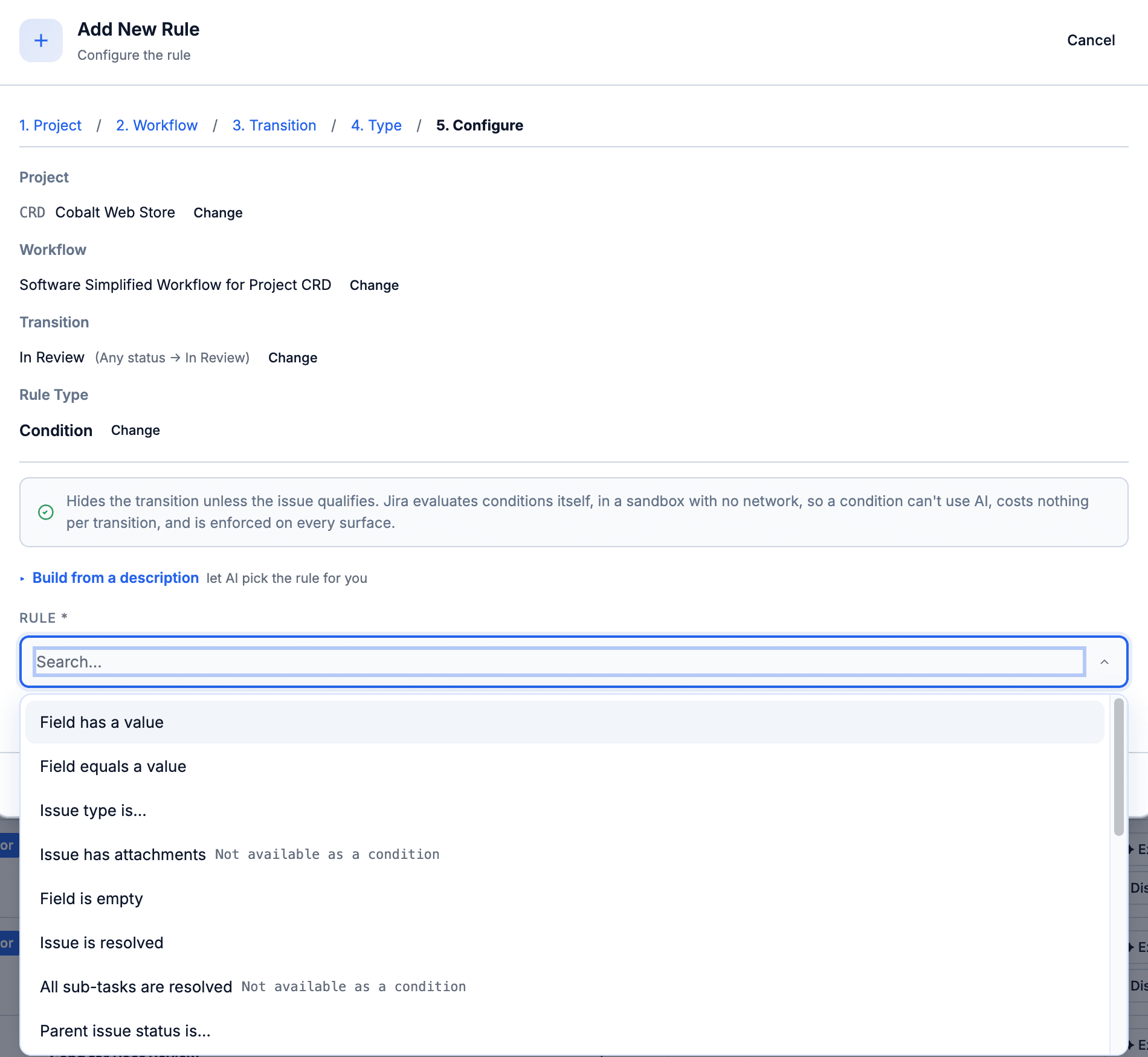 The Add New Rule wizard on CRD's In Review transition with Condition chosen and the list of checks open, some marked Not available as a condition