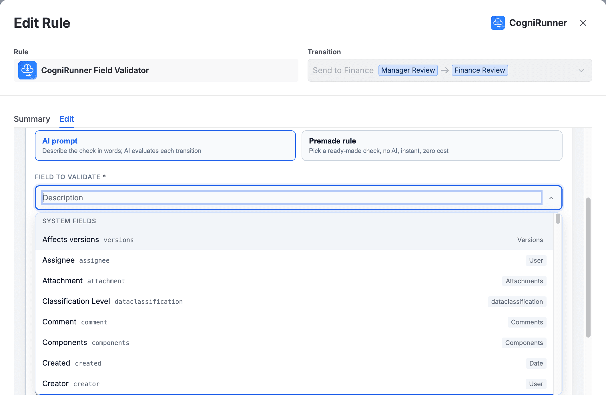 The Field to Validate selector open in a CogniRunner validator's Edit tab, listing system fields with their IDs and types