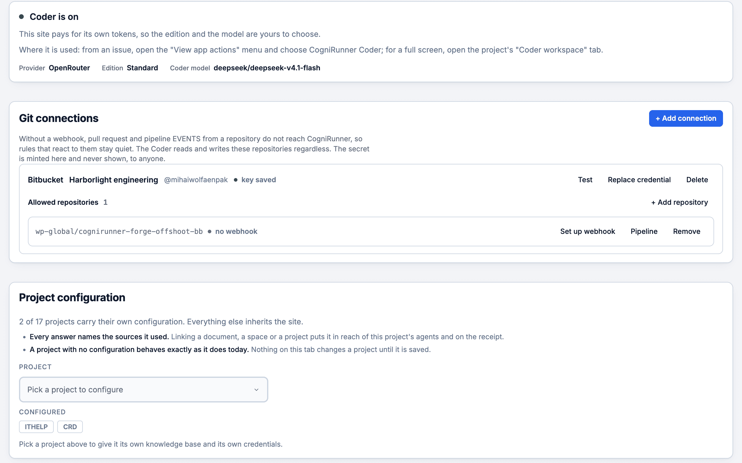 CogniRunner Agents, Setup: the Coder status card, a Bitbucket connection with one allowed repository and a Set up webhook button, and the per-project configuration