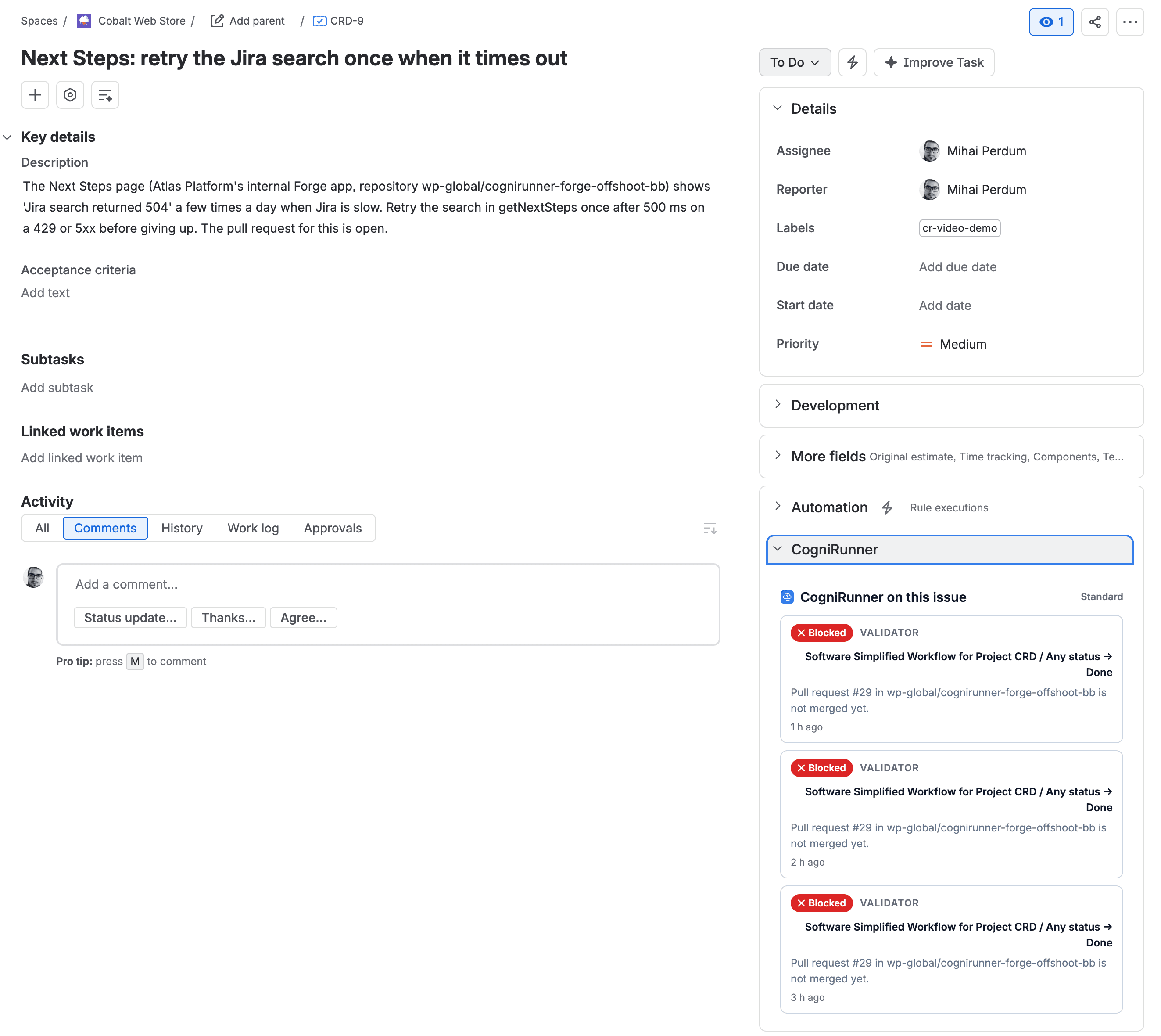 Jira issue CRD-9 with the CogniRunner panel showing three blocked transitions by the git validator, each with its reason