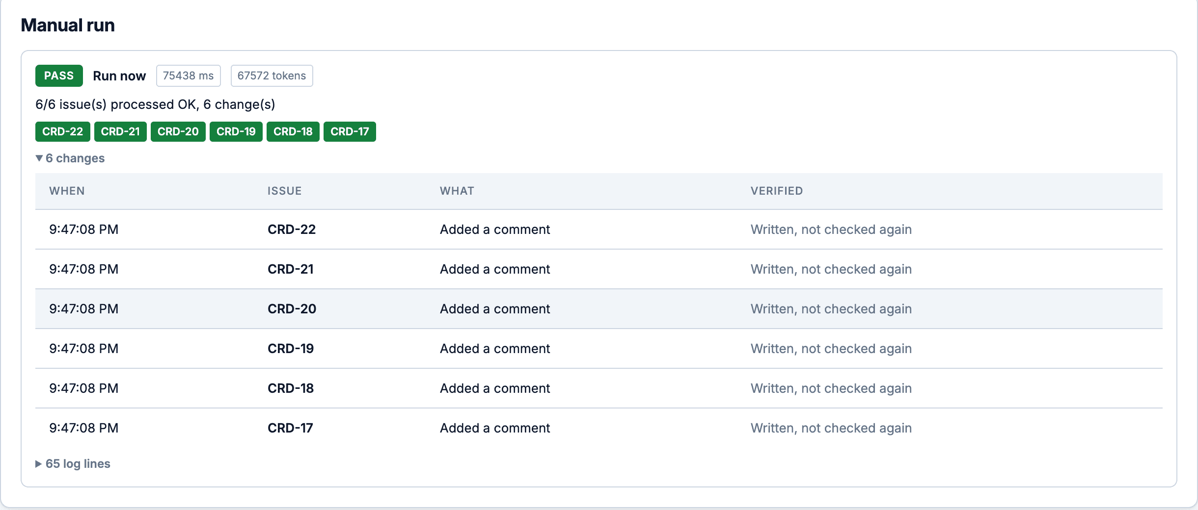 A scheduled job's manual run report: PASS, six issues processed, and a change log with one comment added on each, written and not checked again