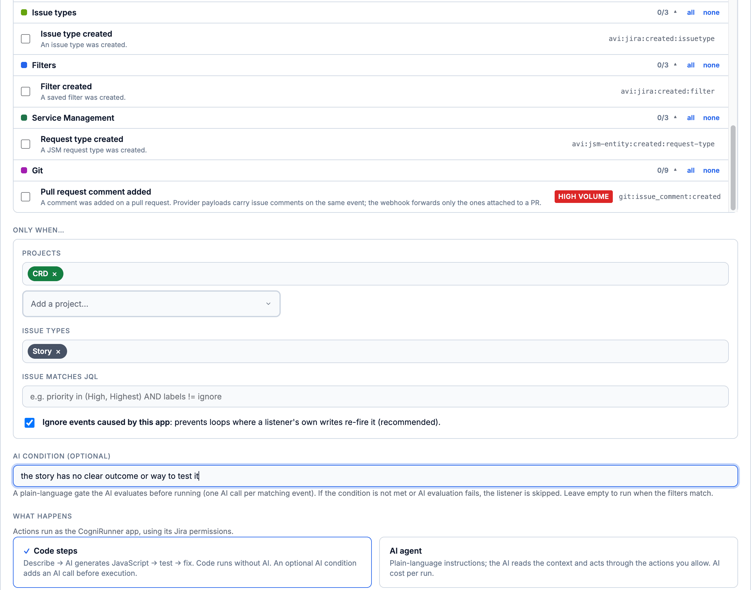The CogniRunner listener editor: the event picker with its Git group, filters for project CRD and issue type Story, an AI condition, and the Code steps or AI agent choice