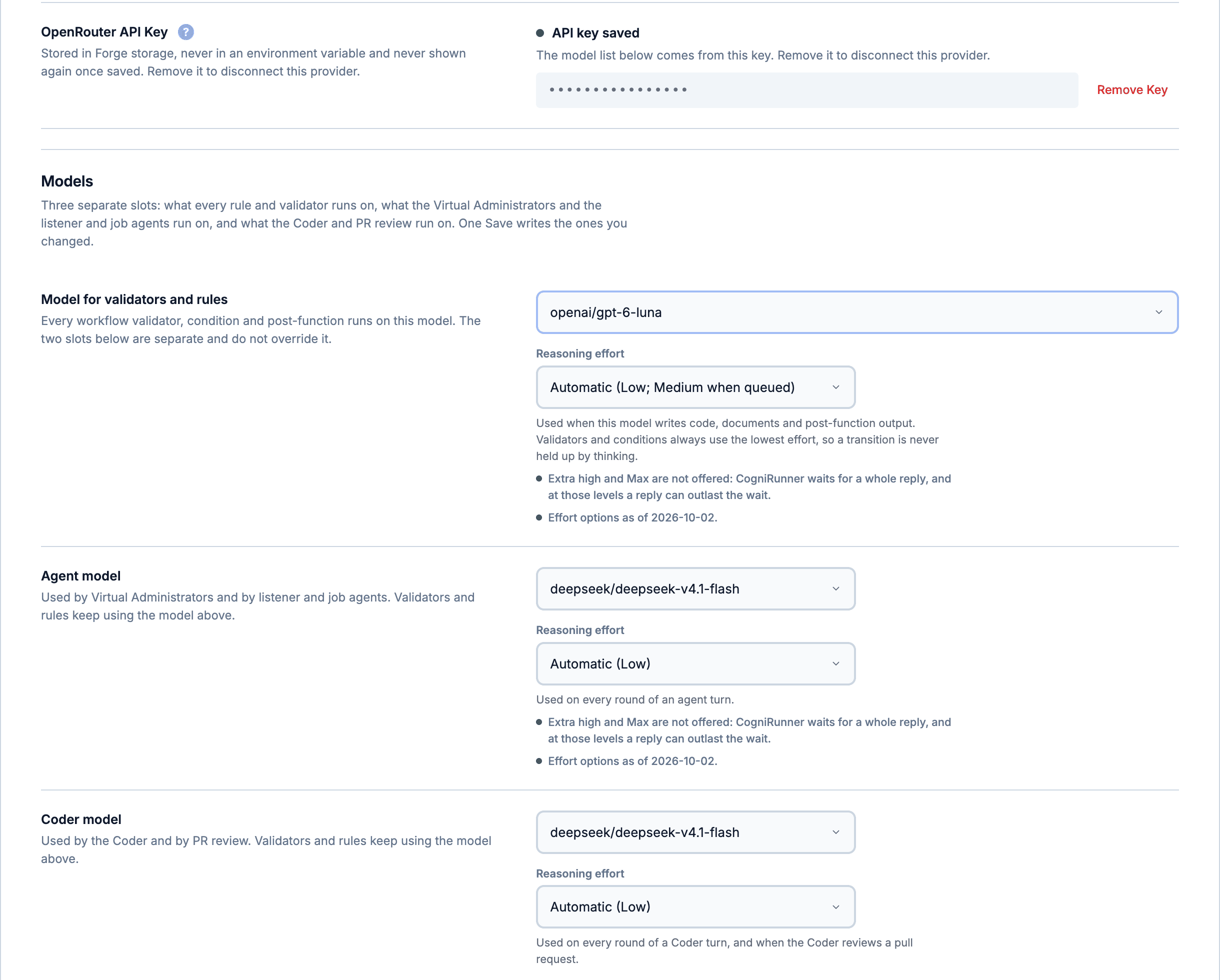 CogniRunner Settings, Providers: an OpenRouter key saved write-only, and three model slots (validators and rules, agents, the Coder), each with its reasoning effort