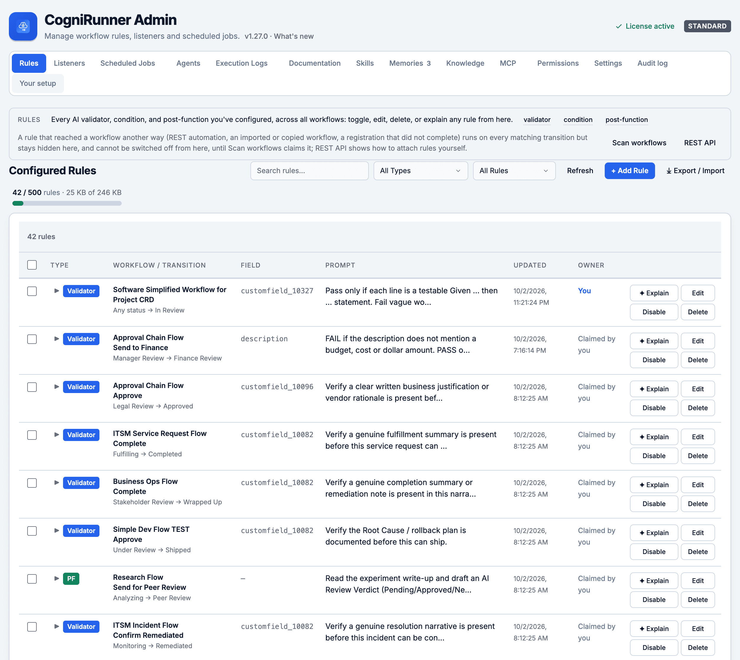 The CogniRunner Rules tab on 1.27.0: the 14-tab strip, the registry meter at 42 of 500 rules, and each rule with its workflow, transition, field, prompt and owner