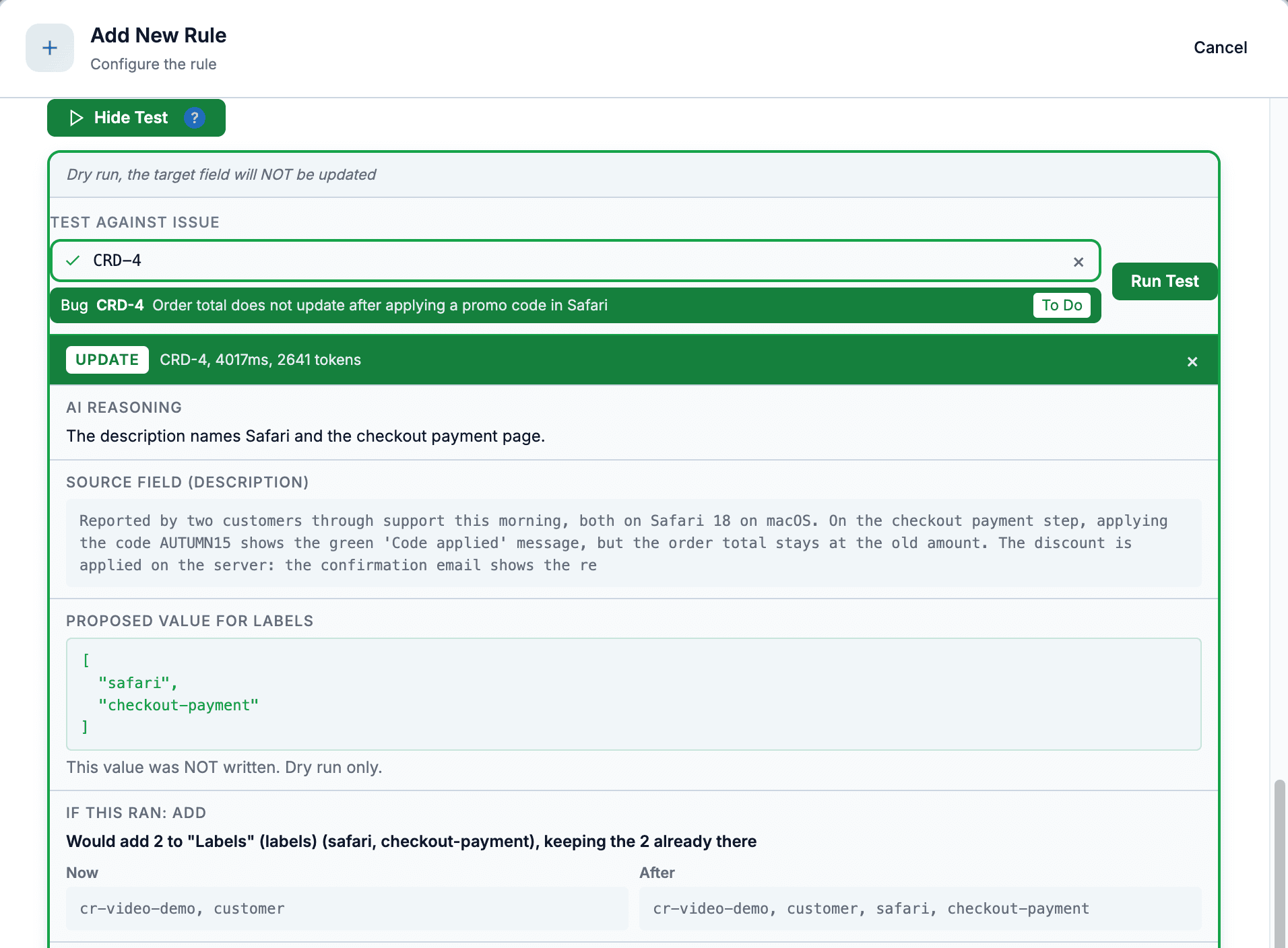 A semantic post-function Test Run on CRD-4 proposing the labels safari and checkout-payment, with the labels now and after side by side