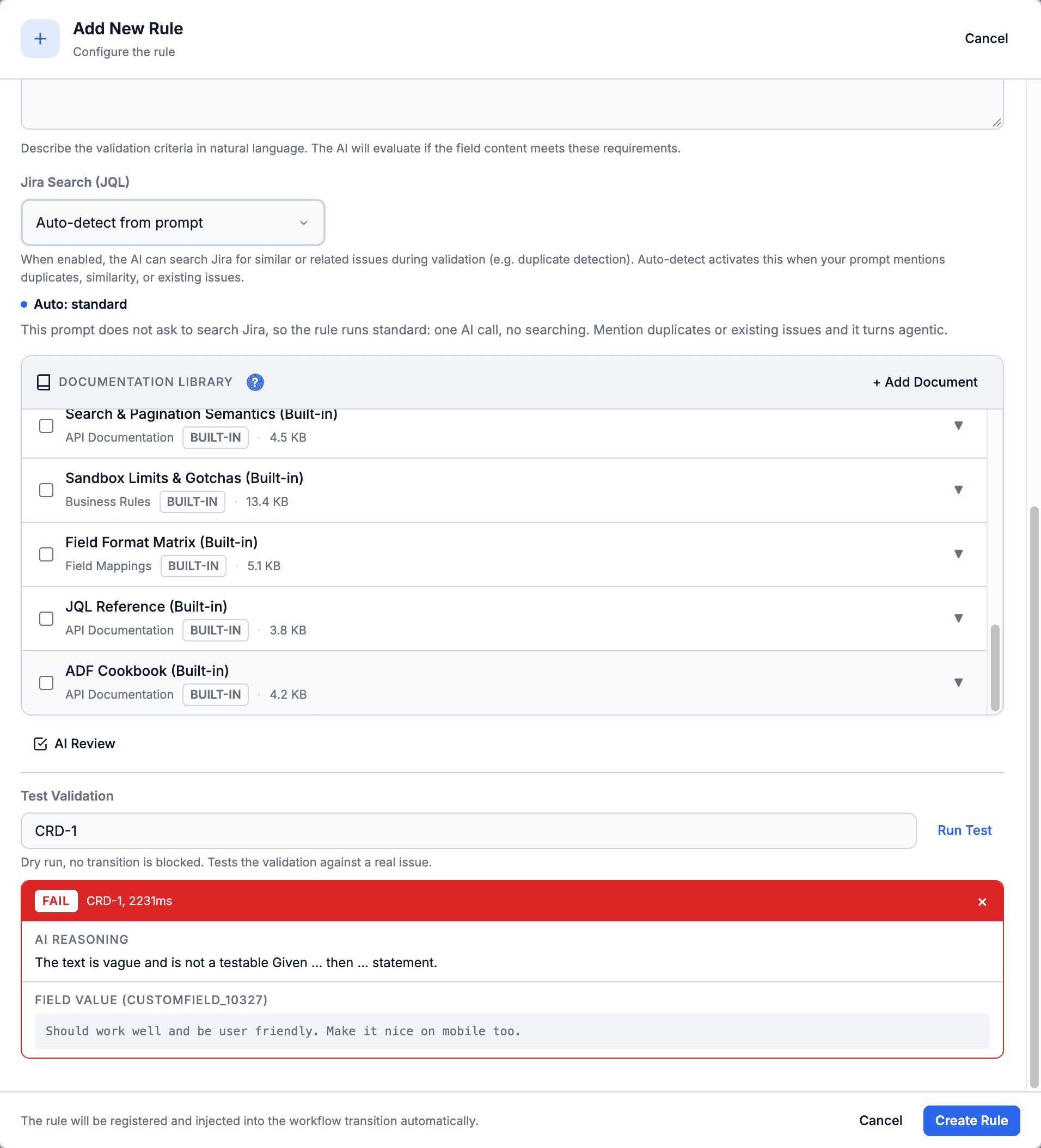 The CogniRunner Add New Rule wizard for an AI validator: Jira Search set to Auto-detect with the note Auto: standard, the documentation library, and a failed Test Validation on CRD-1
