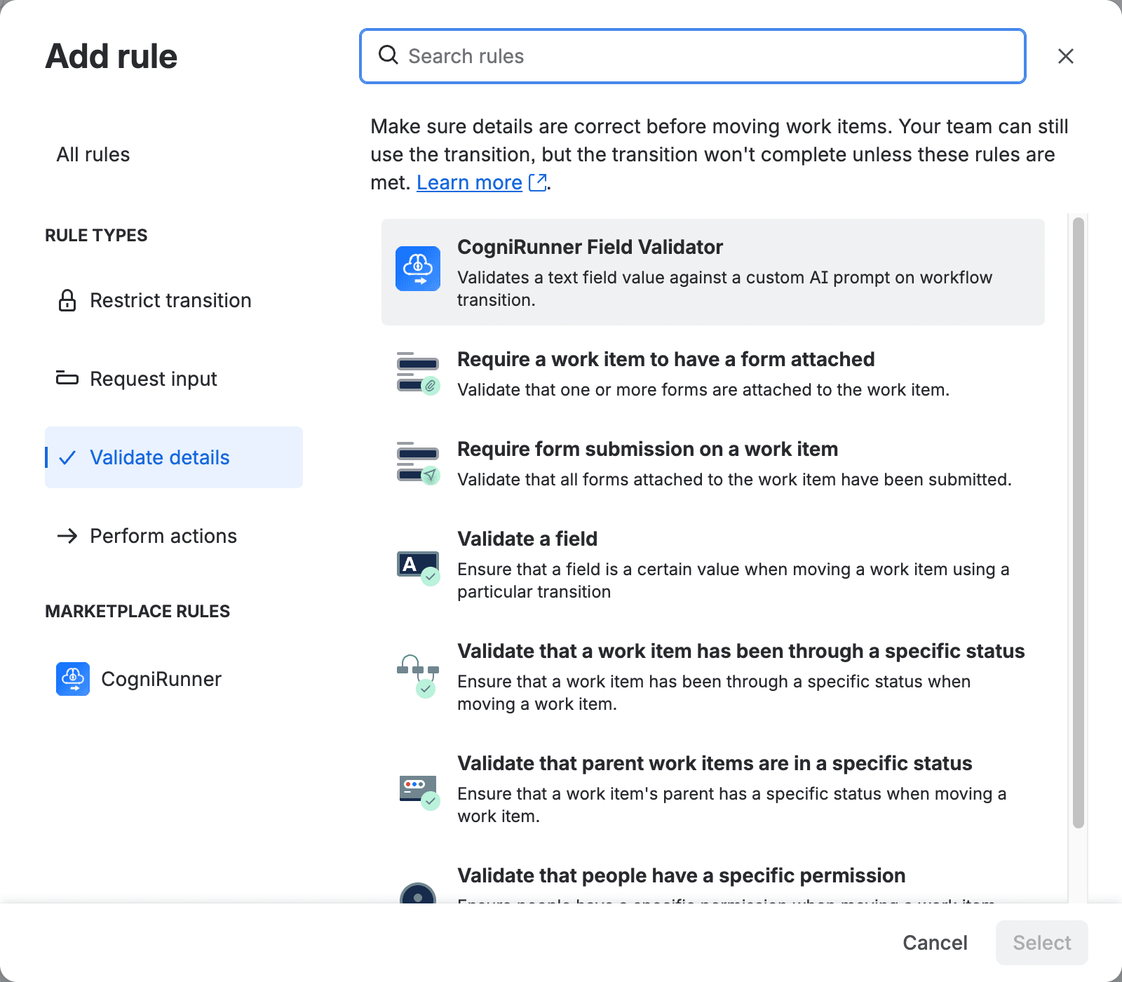 Jira's Add rule dialog opened on Validate details, with CogniRunner Field Validator at the top of the list and CogniRunner under Marketplace rules