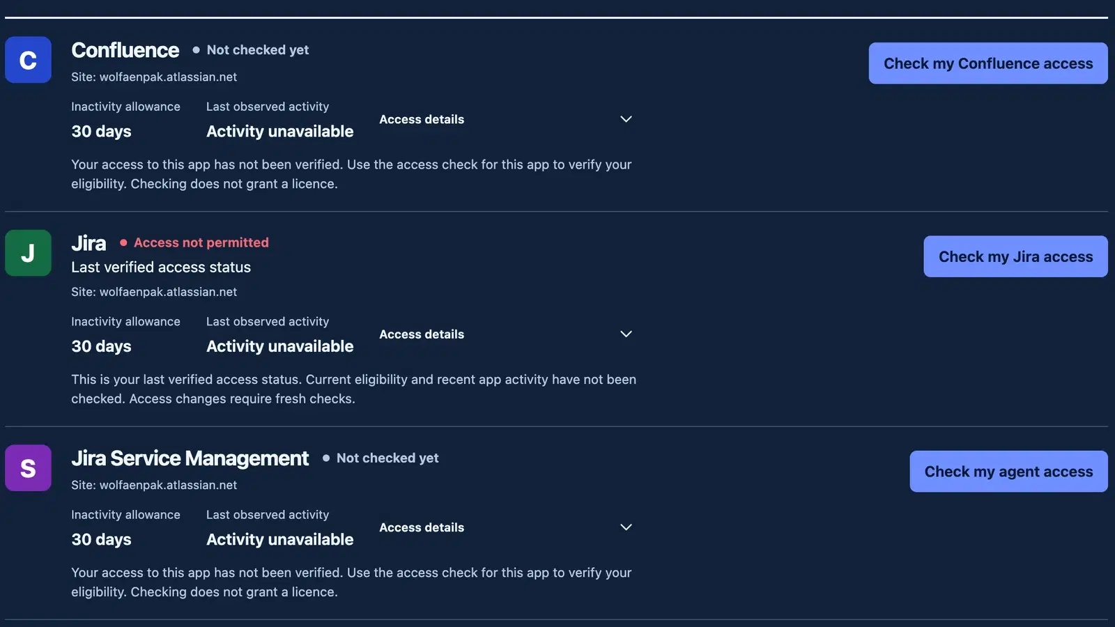 Development capture · 0.2.2. My access shows three 30-day inactivity allowances, unavailable activity, Confluence and Jira Service Management not checked, and Jira's last recorded access not permitted.
