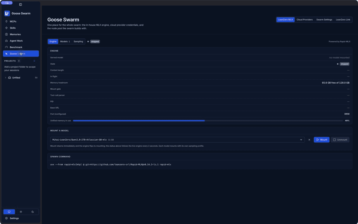 Goose Swarm desktop with its local MLX engine controls