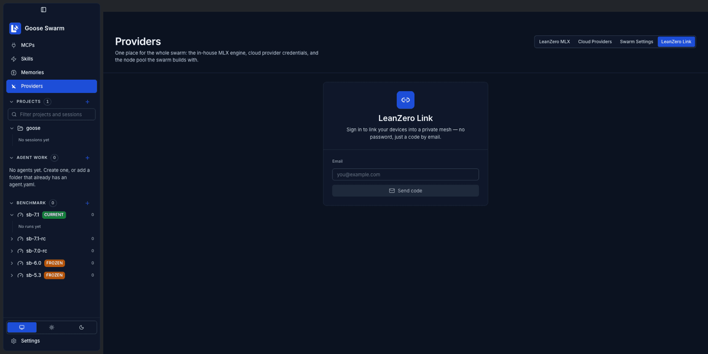 LeanZero Link tab in Goose Swarm, signed out, with an email field and a Send code button.