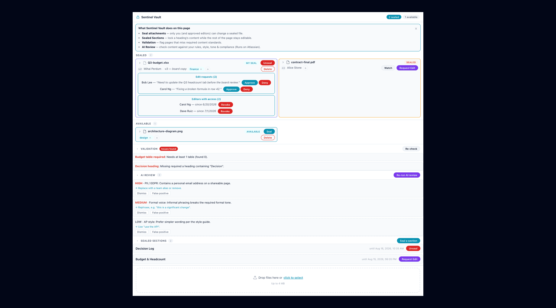 The Sentinel Vault panel on a Confluence page showing sealed and available attachments, edit requests, validation results, AI review findings and sealed sections