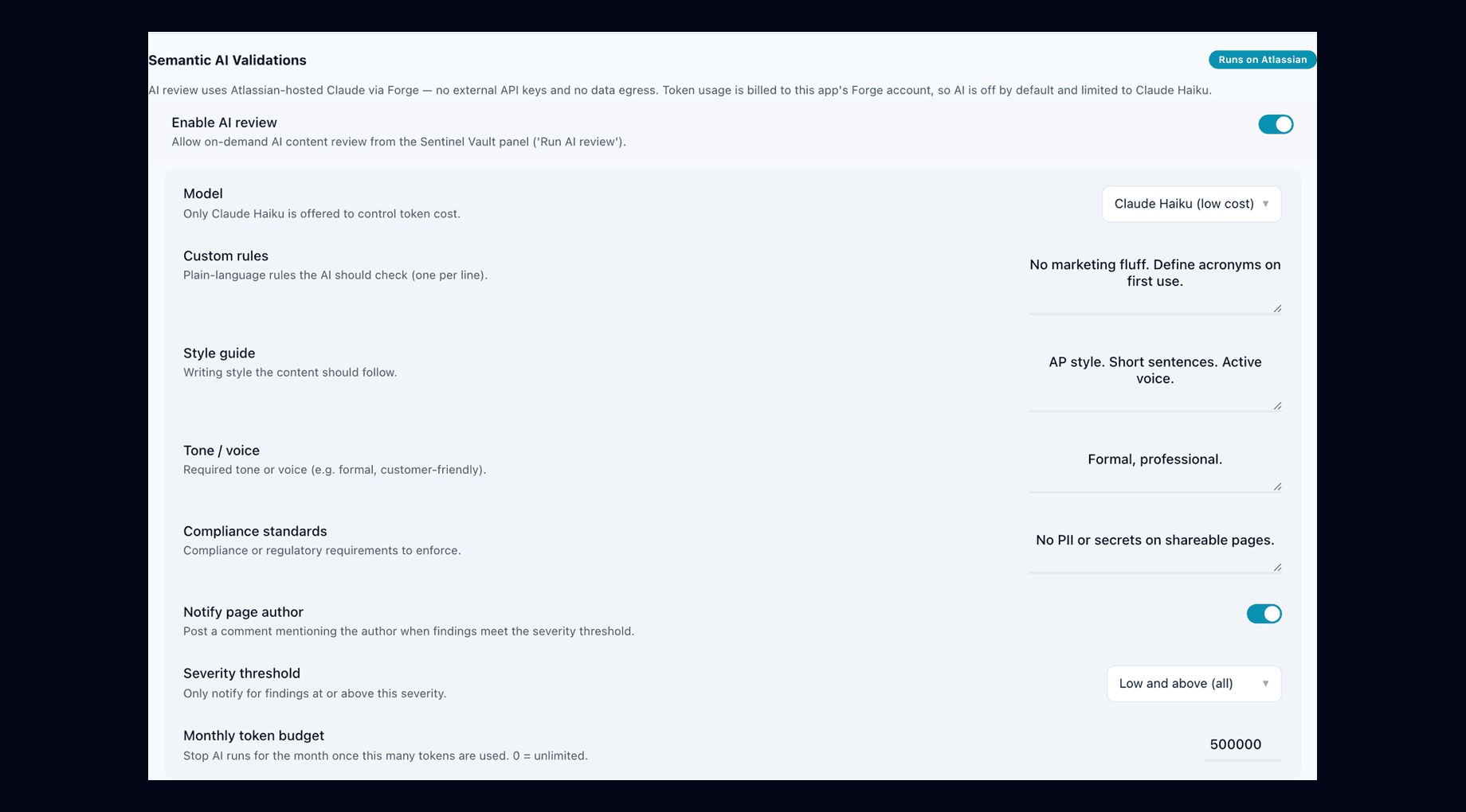 Semantic AI validation settings with custom rules, style guide, tone and compliance standards, author notification with a severity threshold, and a monthly token budget