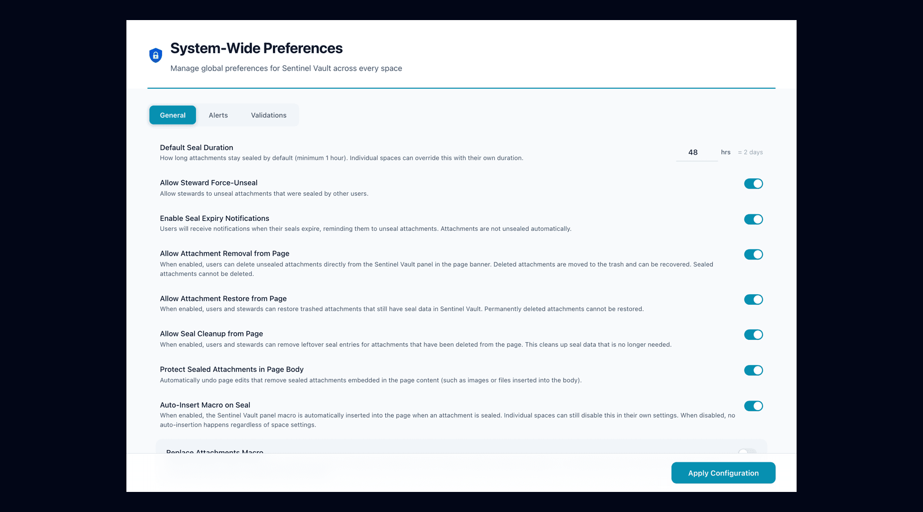 System-Wide Preferences in the global console: default seal duration, steward force-unseal, expiry notifications, attachment lifecycle toggles, page-body protection and macro auto-insertion