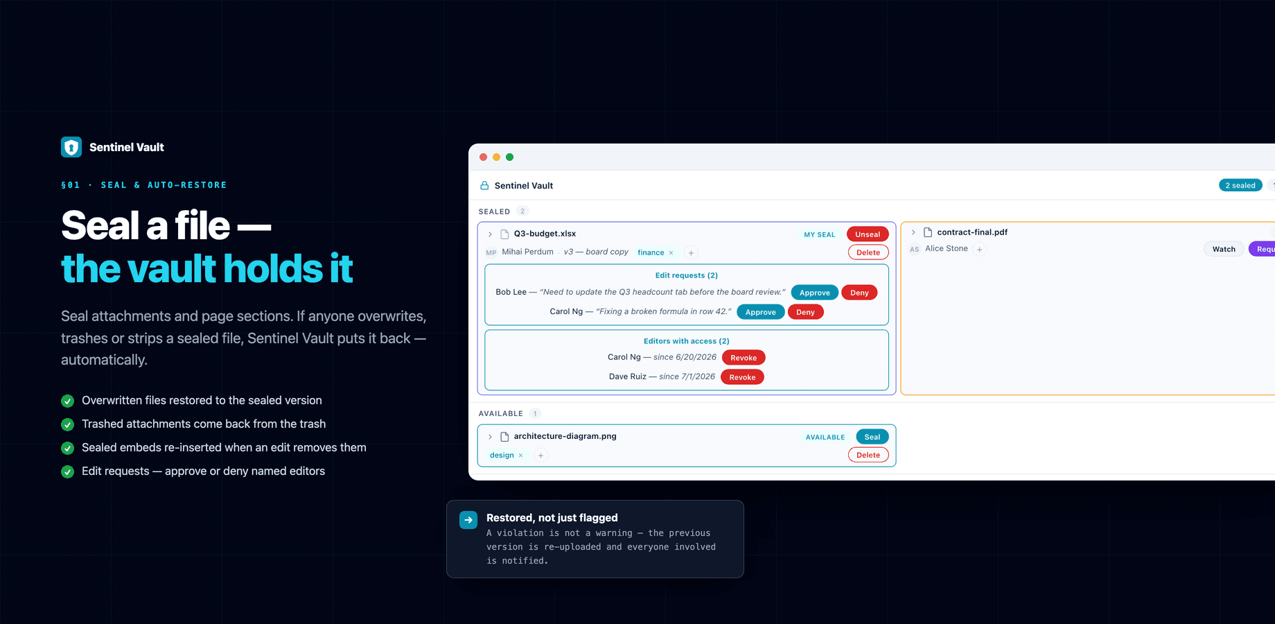 Seal a file and the vault holds it — the inline panel with a sealed spreadsheet, two pending edit requests, approved editors and a Seal button on available files