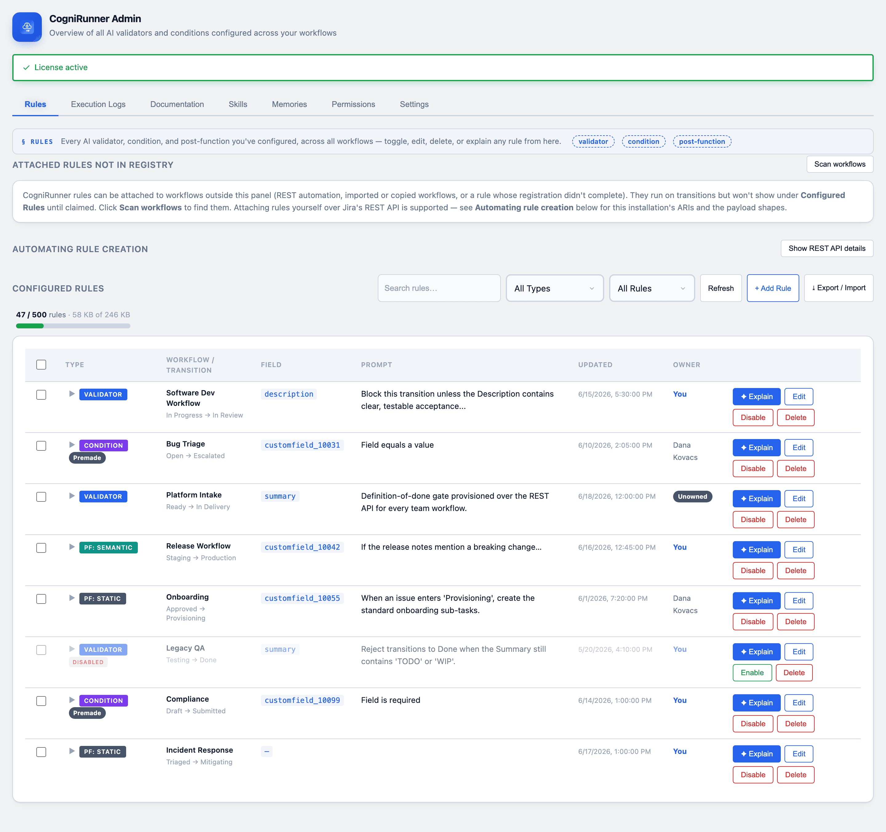 CogniRunner Admin panel Rules tab showing all configured rules with type badges