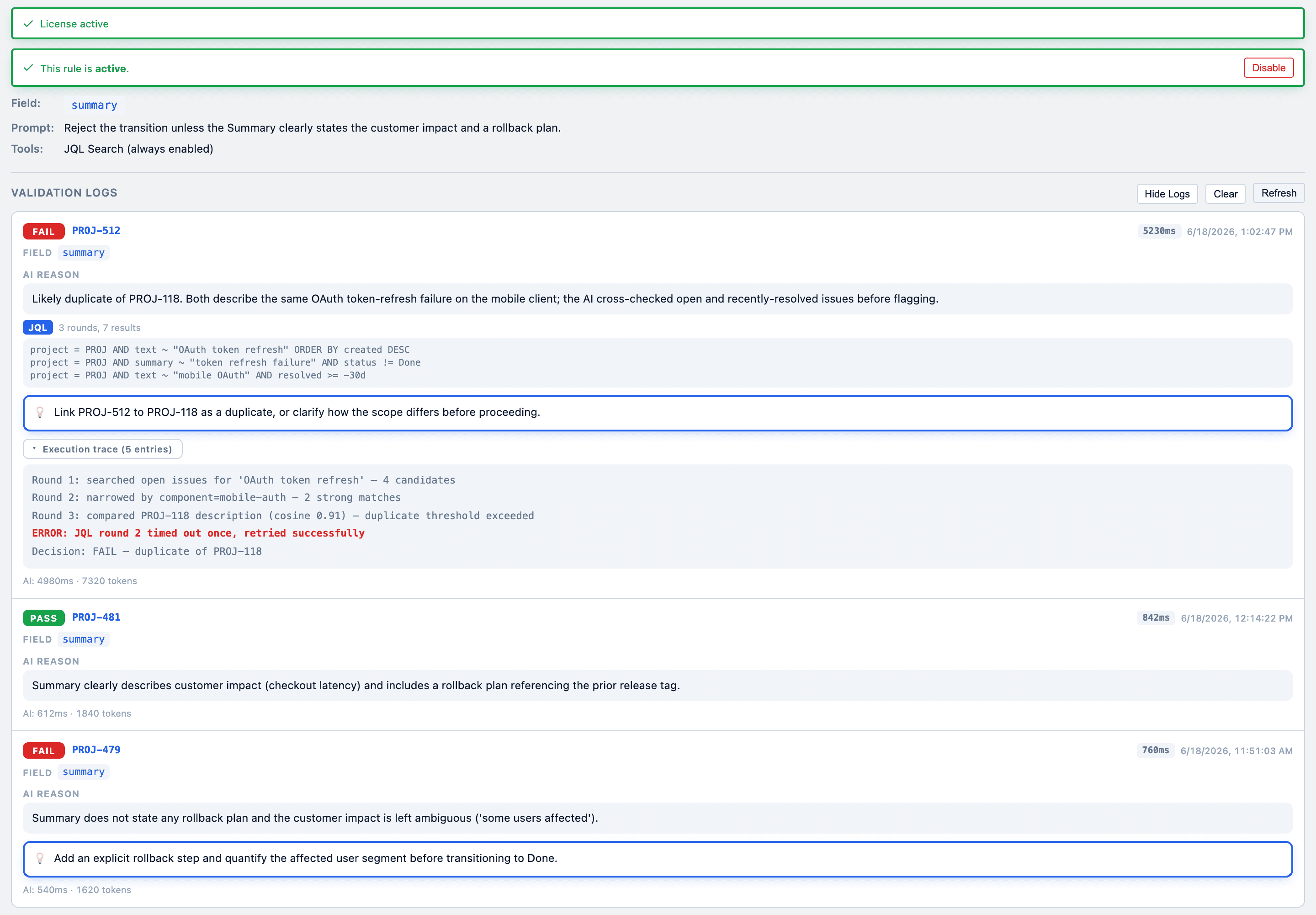 Validation log showing the JQL queries and execution trace from agentic duplicate detection
