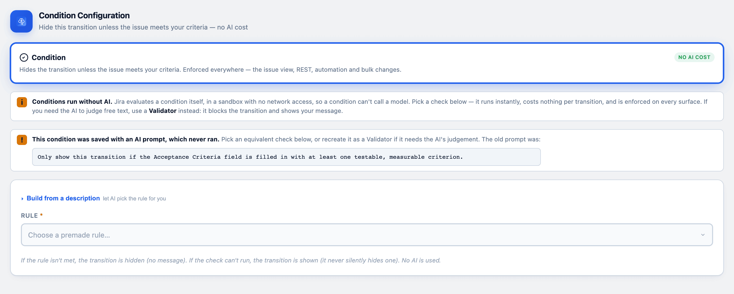 Legacy AI condition conversion — the editor shows the old prompt never ran and offers deterministic checks