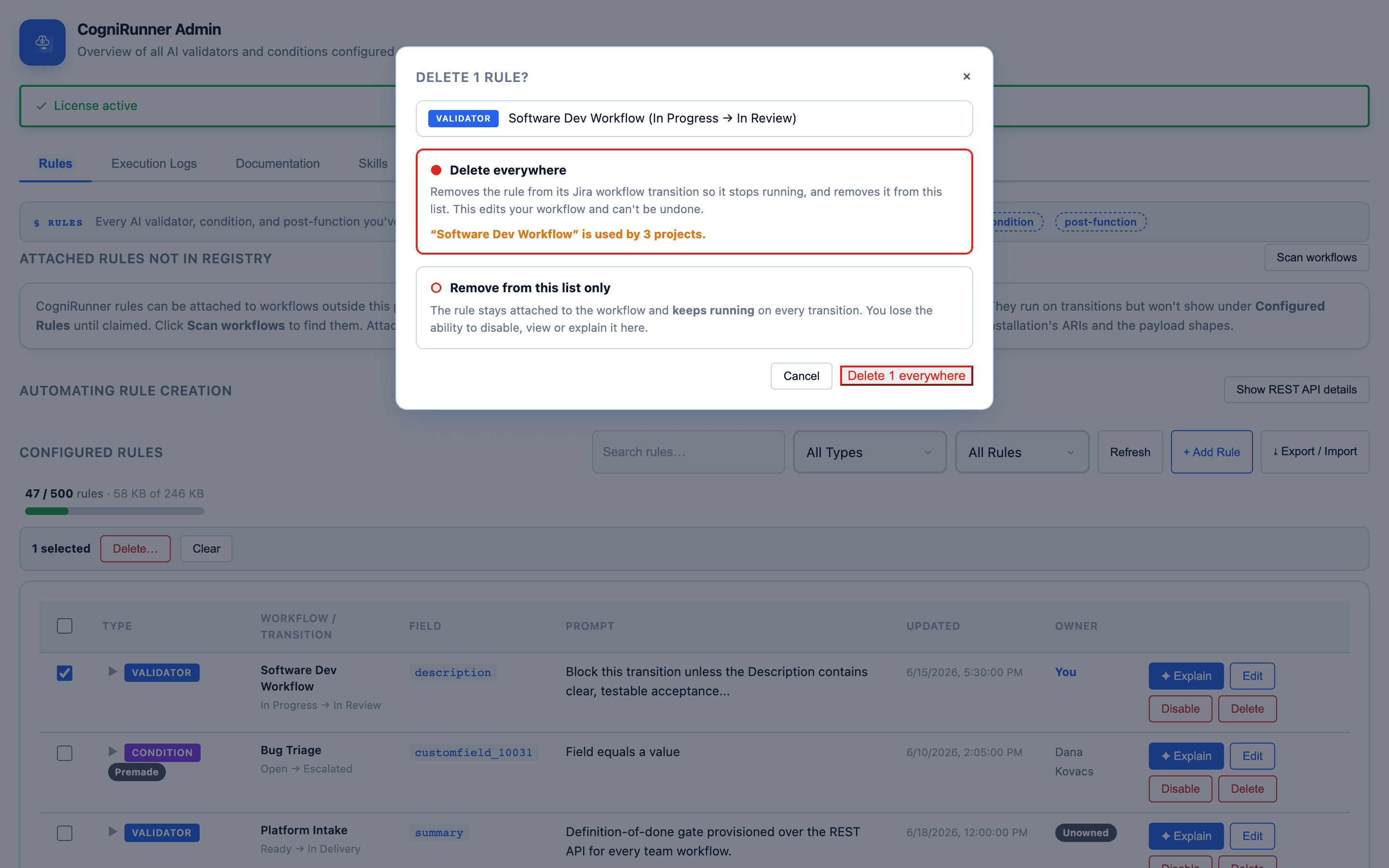 CogniRunner delete preview dialog offering Delete everywhere versus Remove from this list only, with a shared-workflow warning