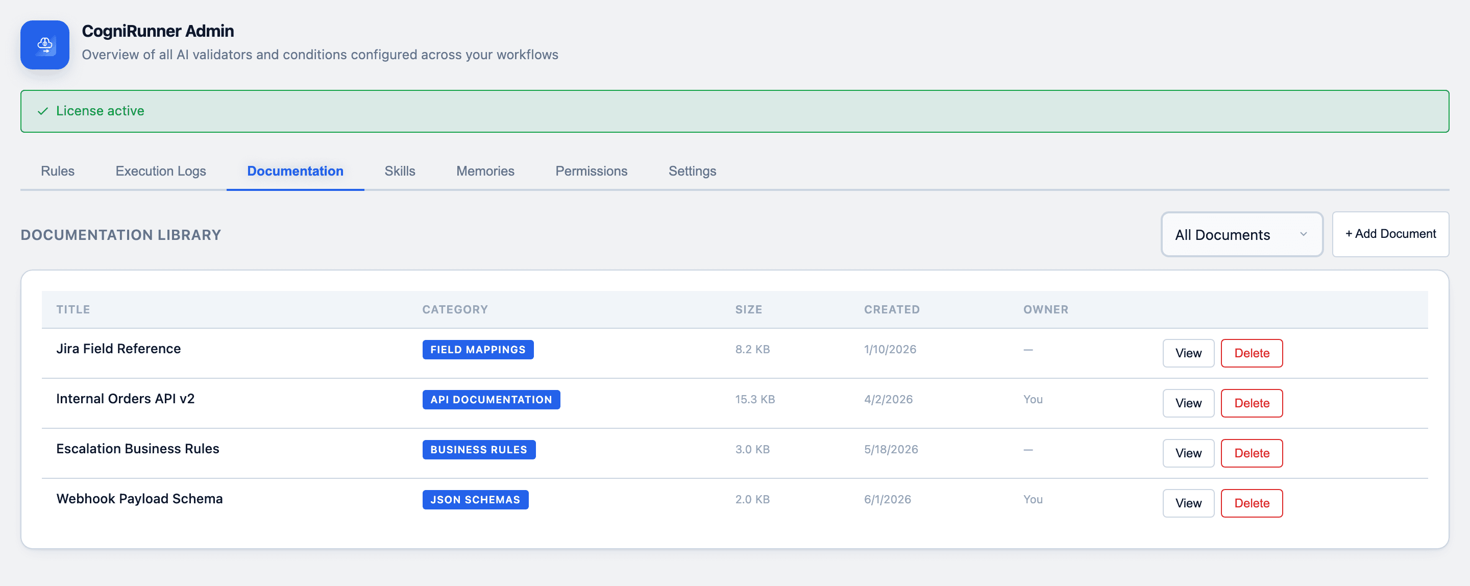 CogniRunner Documentation Library with categorized context documents