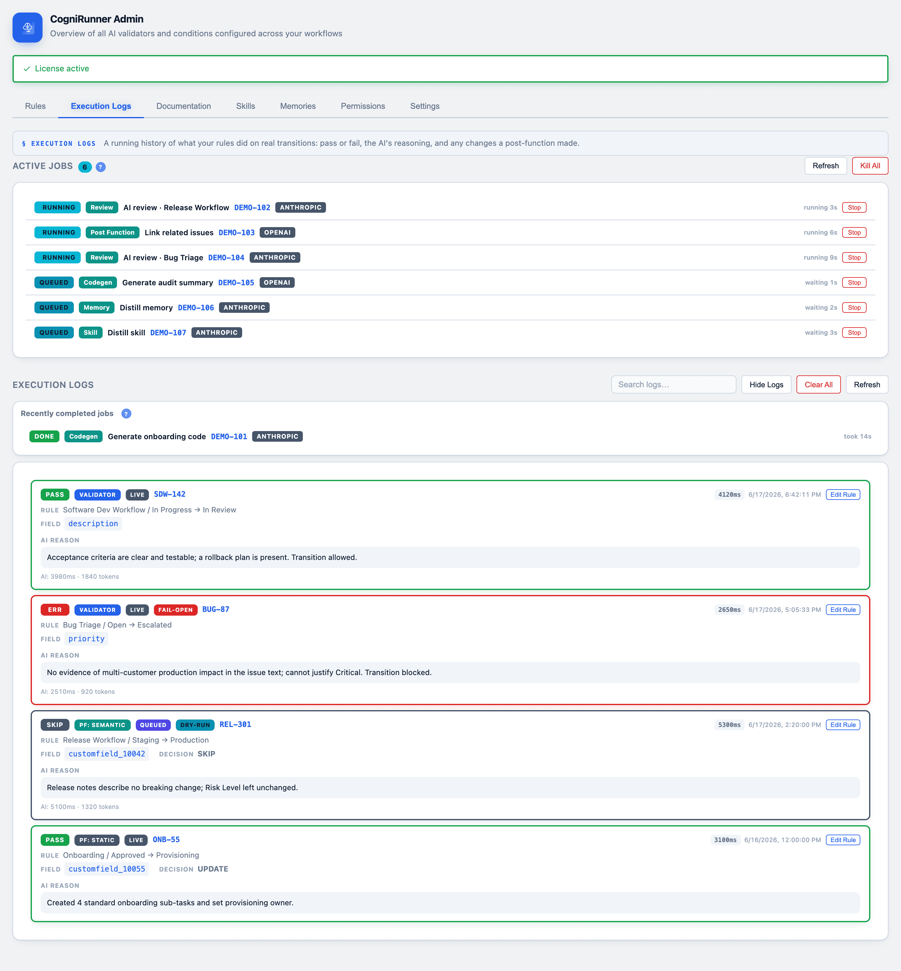 CogniRunner execution logs with status, type badges, and AI reasoning