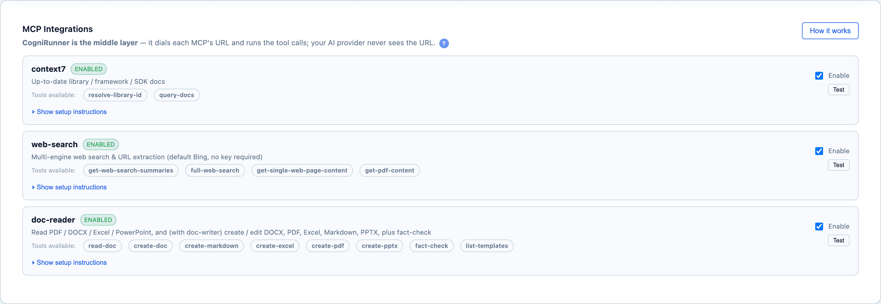 CogniRunner MCP Integrations — context7, web-search and doc-processor with their tools