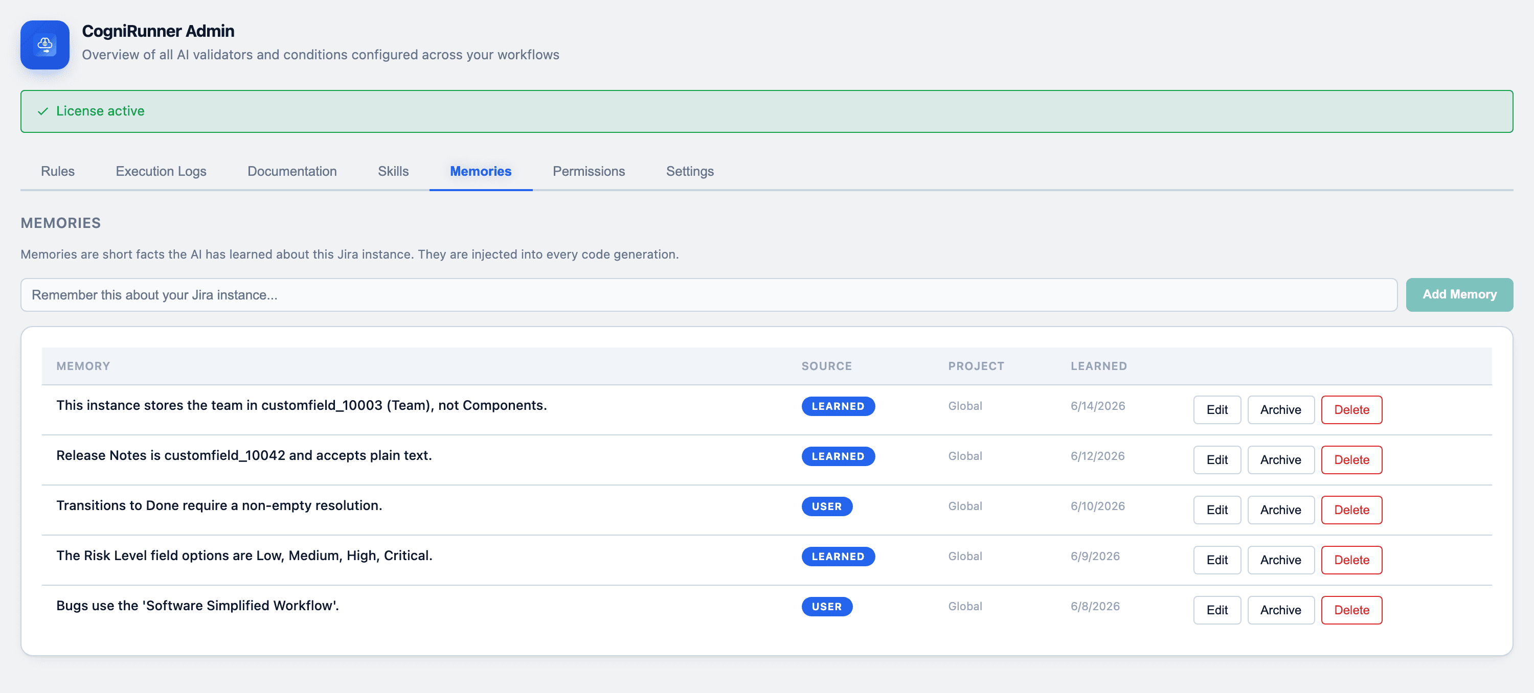 CogniRunner Memories tab — facts the AI has learned about the instance