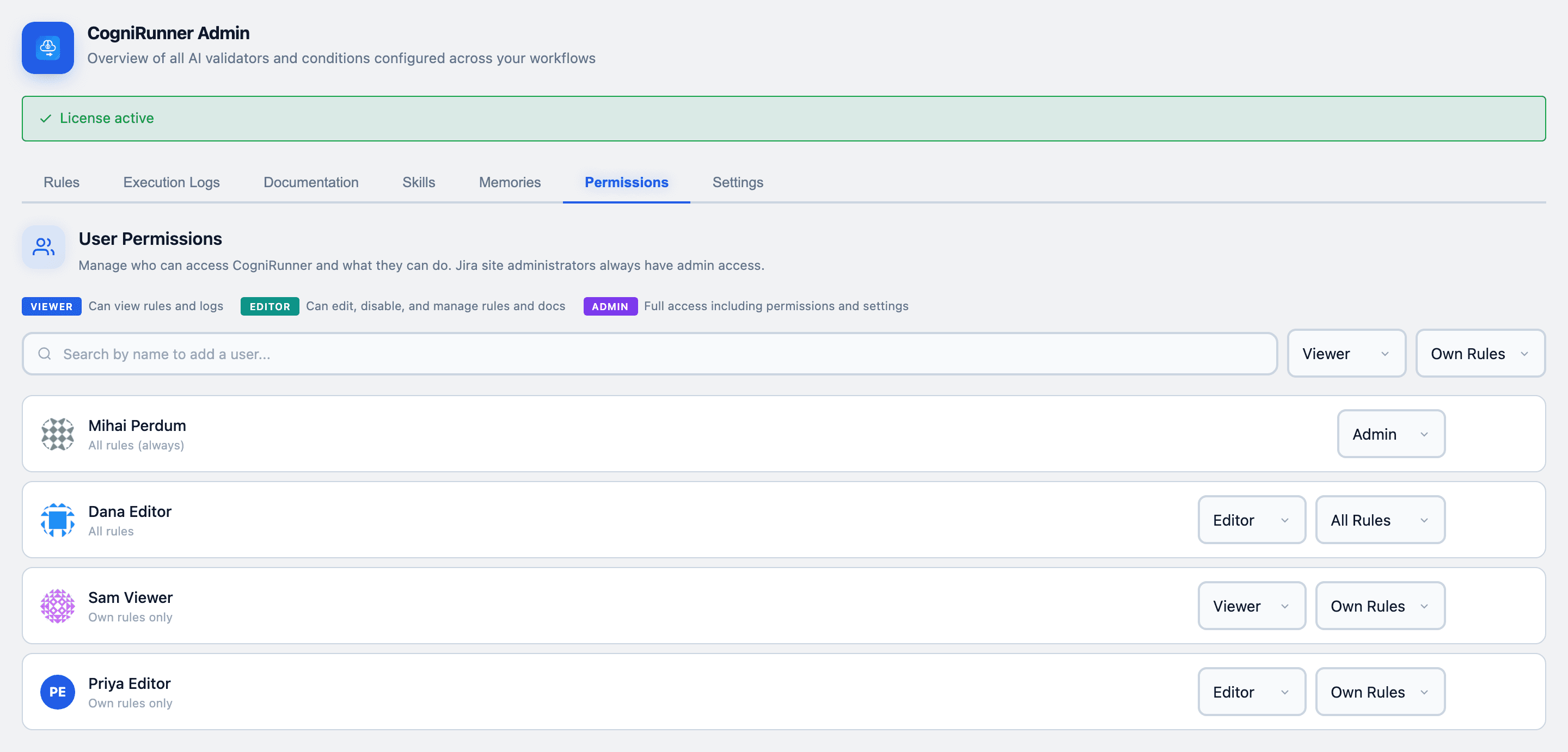CogniRunner Permissions tab with users, roles, and scopes