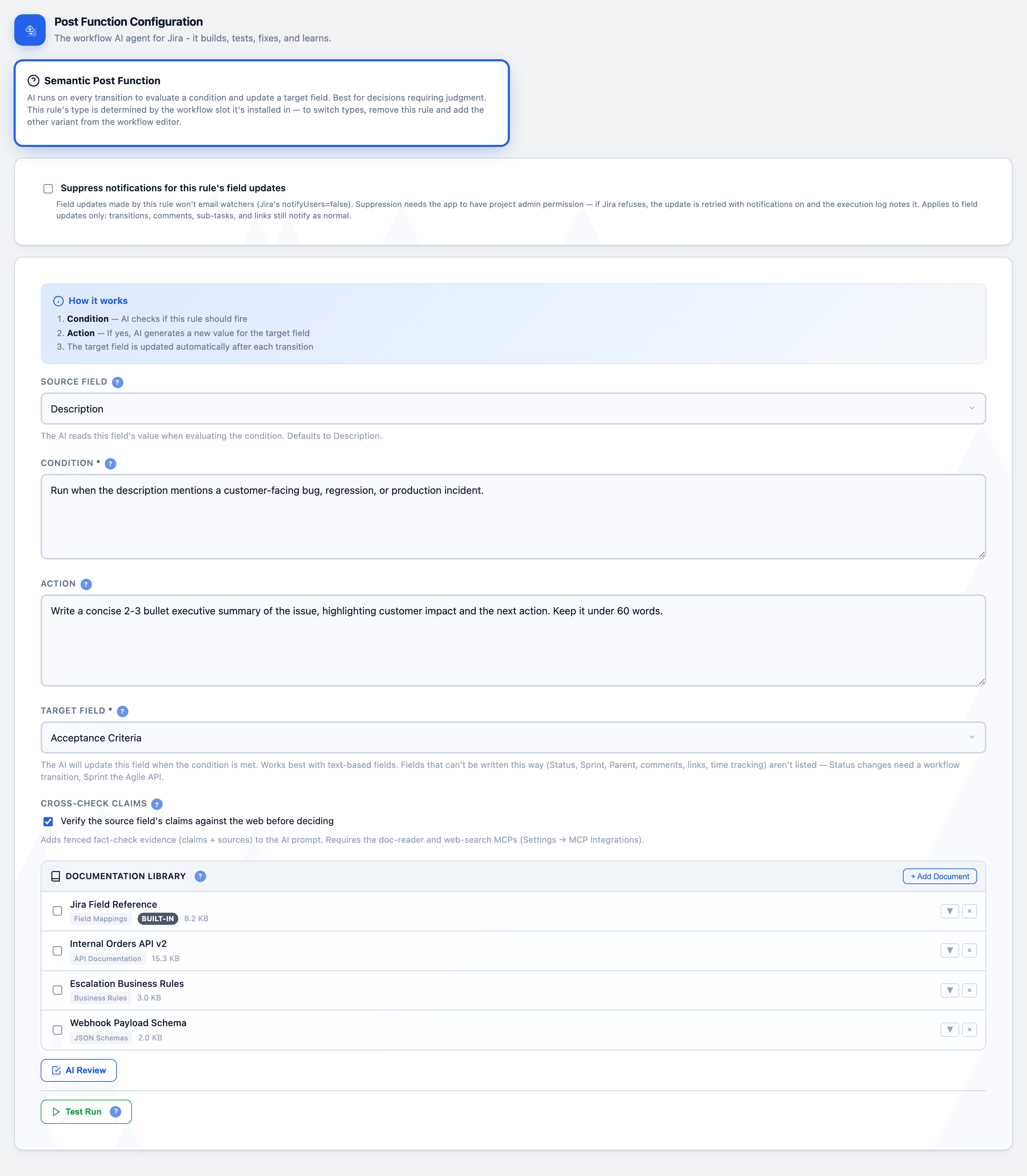 CogniRunner semantic post-function configuration with condition, action, and target field