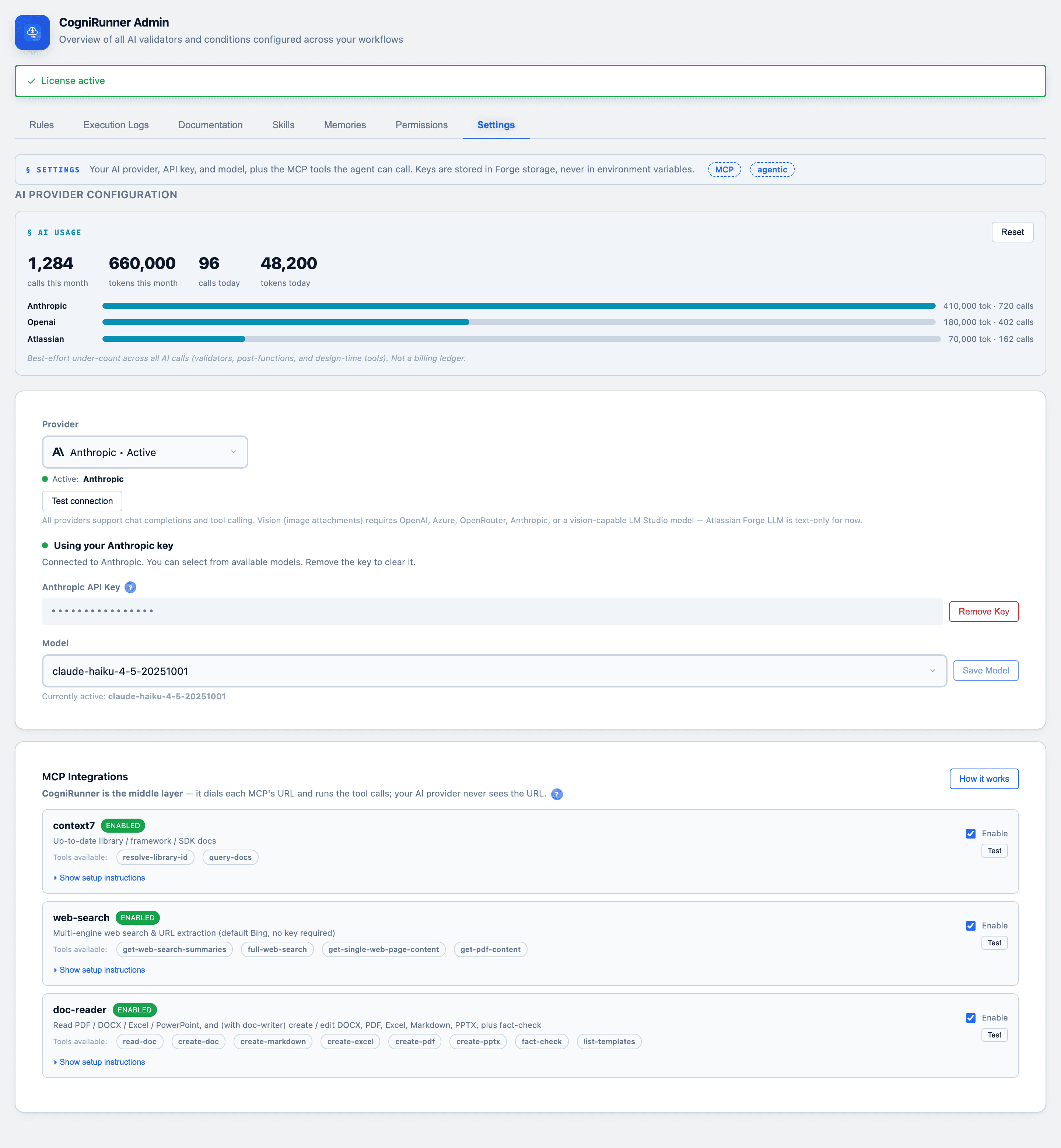 CogniRunner Settings tab with AI provider selector, masked key, and model dropdown