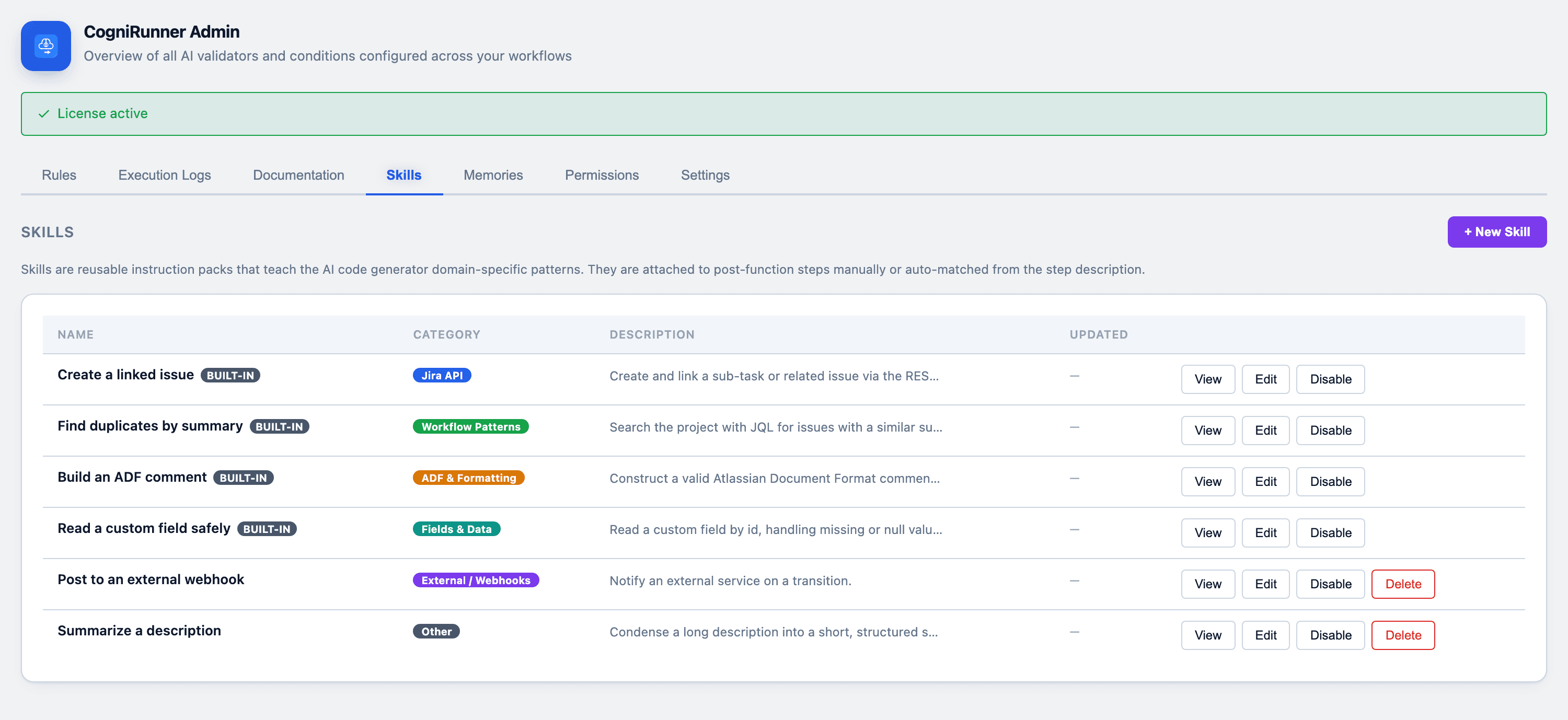 CogniRunner Skills tab — a table of reusable instruction packs by category