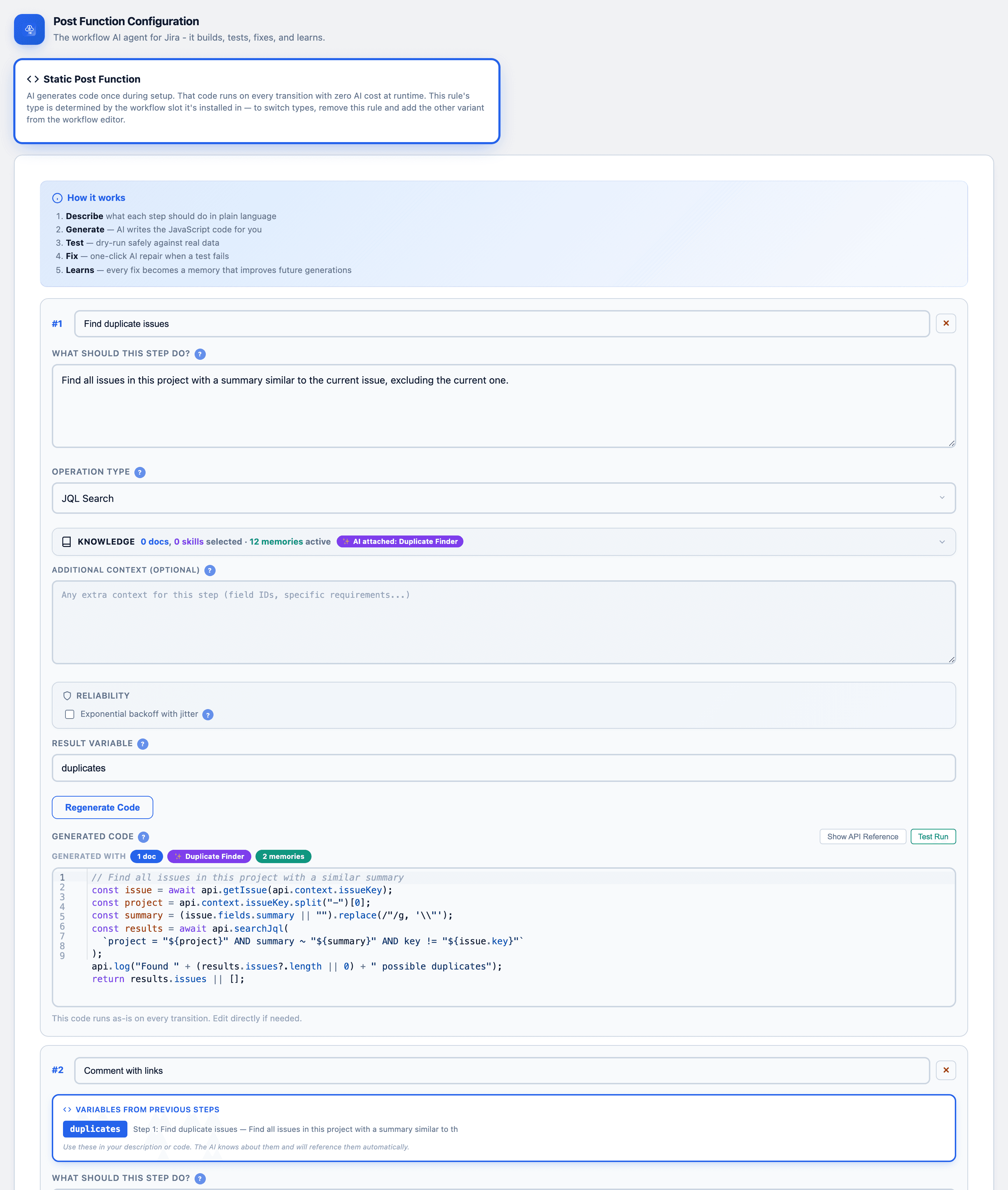 CogniRunner static post-function builder with chained steps and a CodeMirror code editor