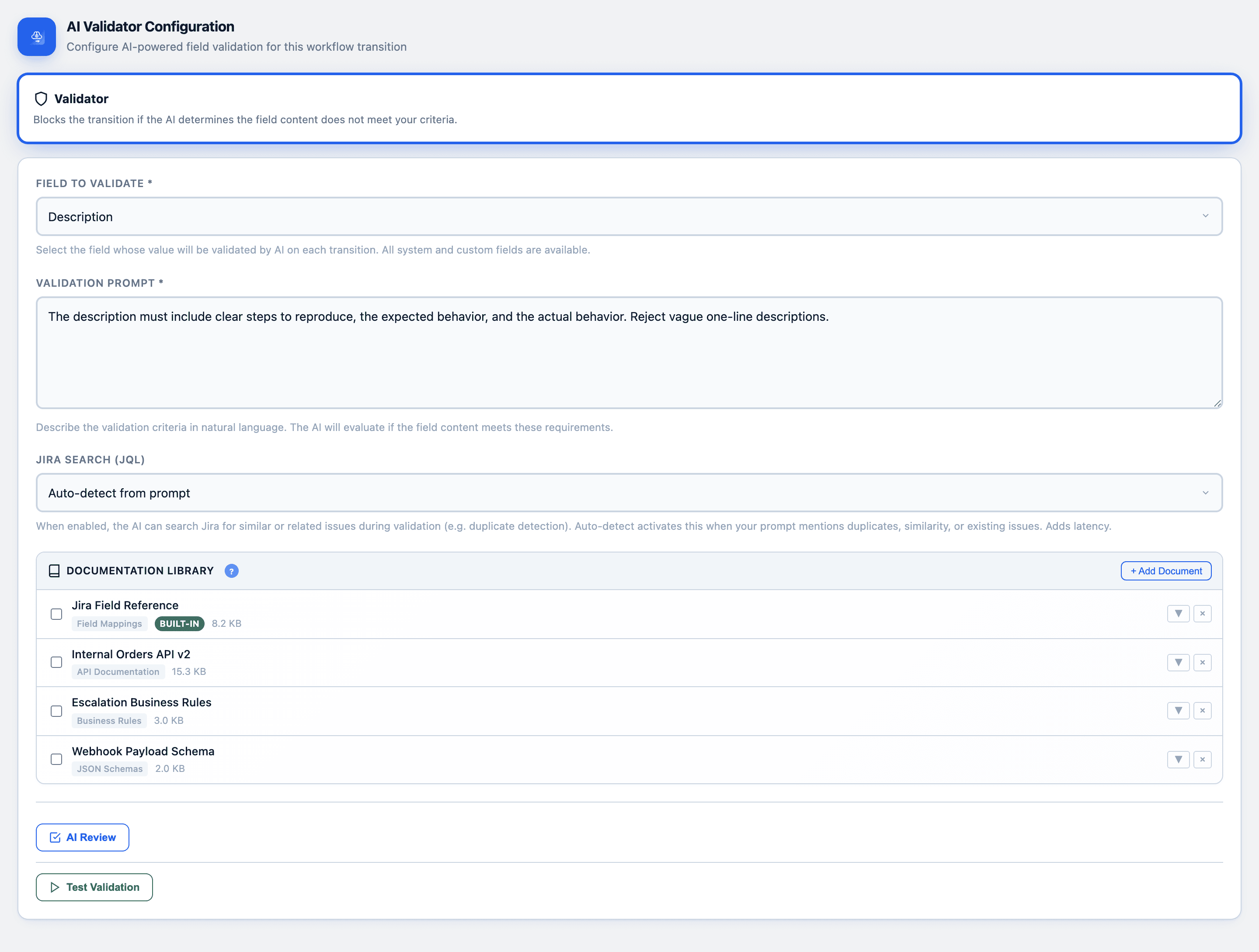 CogniRunner validator configuration form with field selector, prompt, JQL options, and documentation library