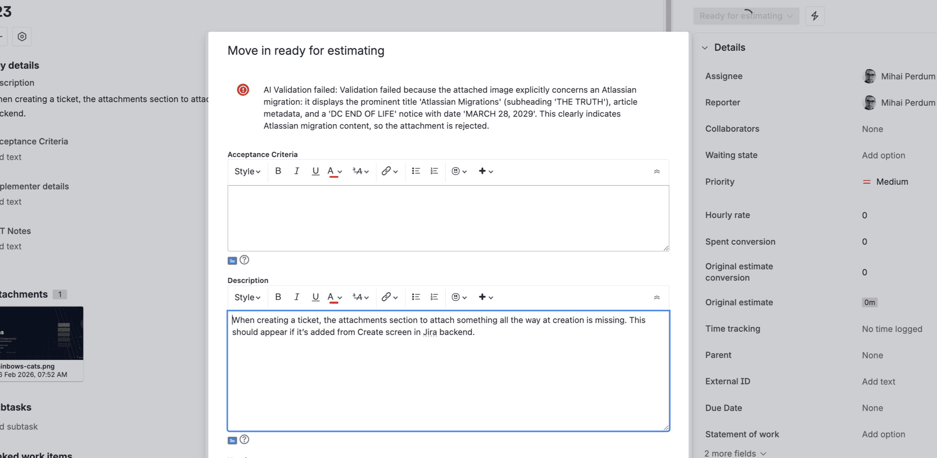 AI validation analyzing an attached image and rejecting the transition