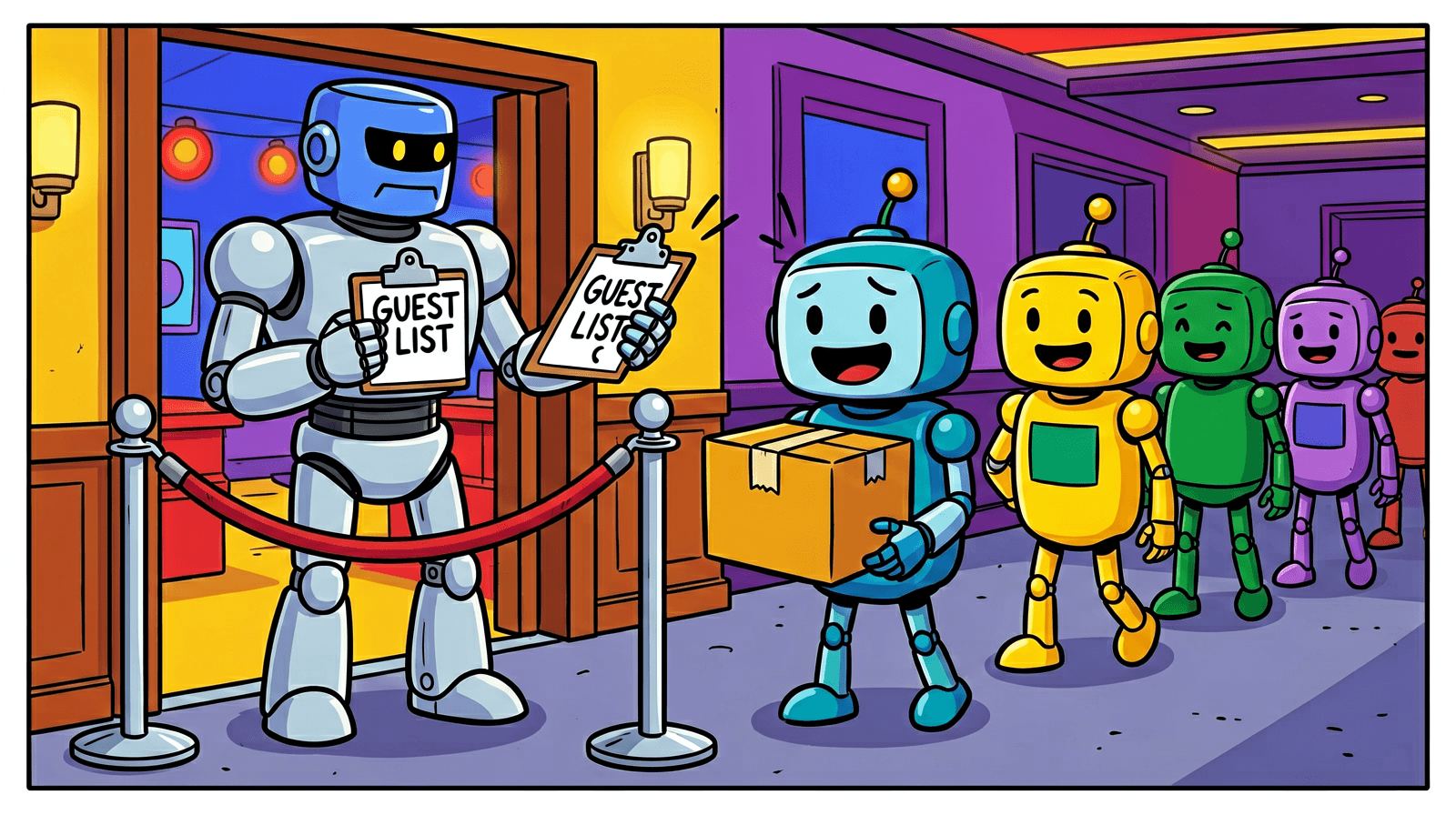 A cartoon of a stern silver robot bouncer holding a clipboard at a velvet rope while a cheerful blue delivery robot with a parcel waits and a queue of other robots looks on