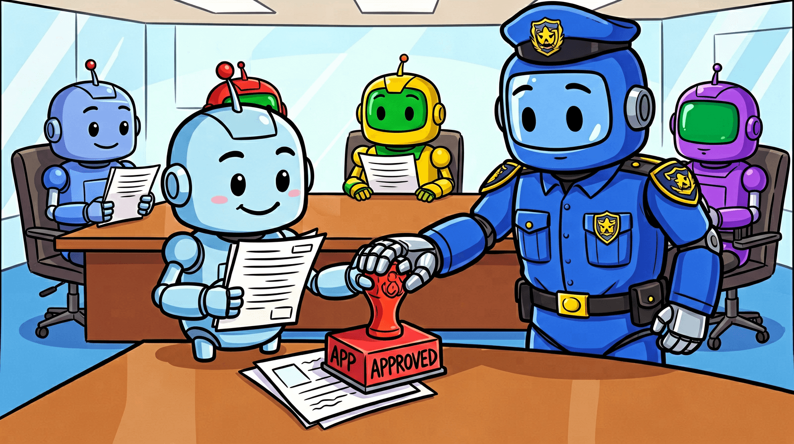 Illustration, generated locally with ERNIE-Image. A small robot holds its own change request while a guard robot keeps its hand off the APPROVED stamp