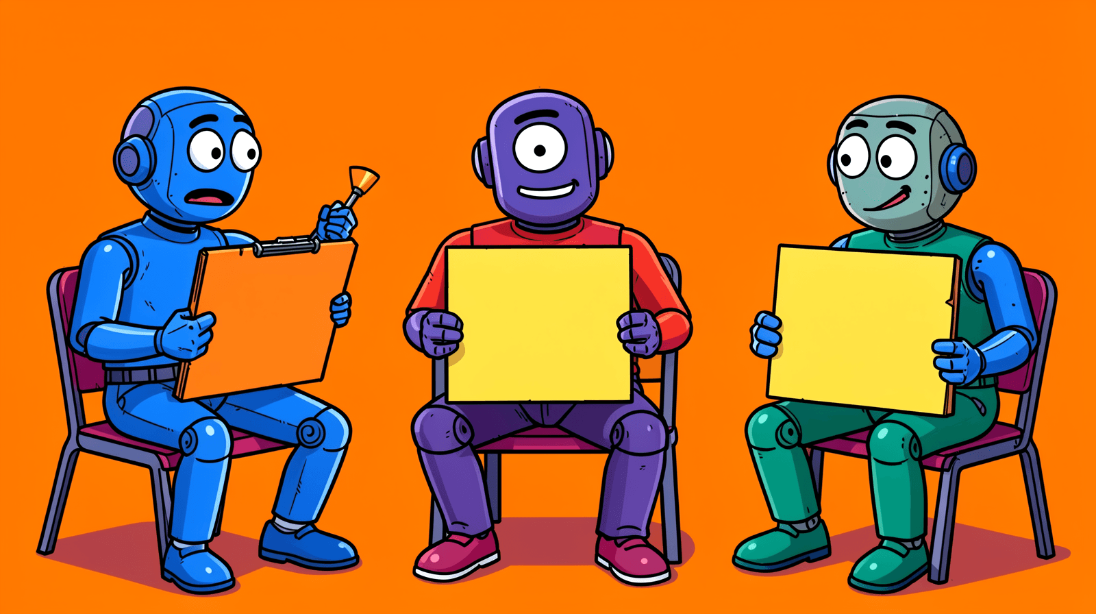 Cartoon of a blue robot with a clipboard interviewing two vendor robots on chairs, each holding up a blank yellow sign