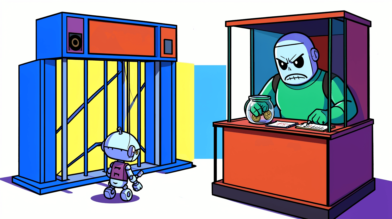 Cartoon of a small robot turning away from a turnstile while a stern robot in a ticket booth drops a coin in a jar and makes a tally mark