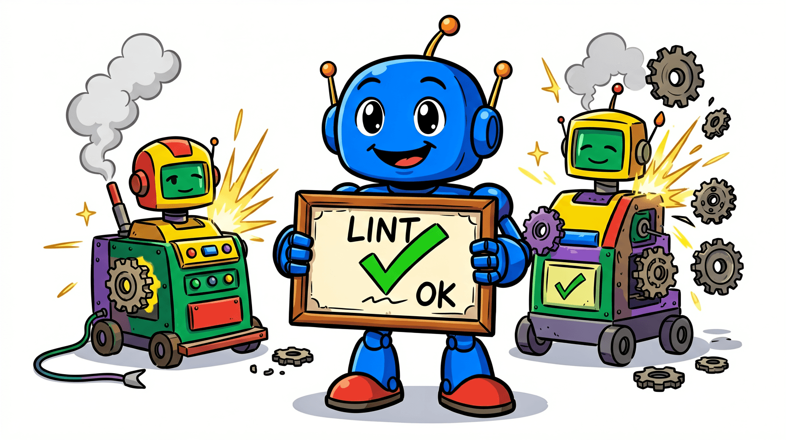 Illustration, generated locally with ERNIE-Image: a cheerful blue robot holds up a framed certificate reading LINT OK while the machines on either side of it smoke, spark and drop gears