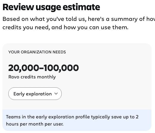 Atlassian usage calculator result card: Review usage estimate, your organization needs 20,000 to 100,000 Rovo credits monthly, Early exploration profile selected, with the note that teams in the early exploration profile typically save up to 2 hours per month per user