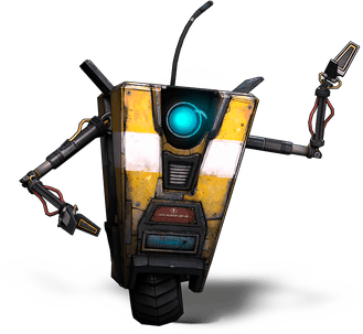 Claptrap in his classic Borderlands render: a yellow and white box with a single glowing blue eye, a thin antenna, a vent mouth, and two jointed arms waving, balanced on one wheel