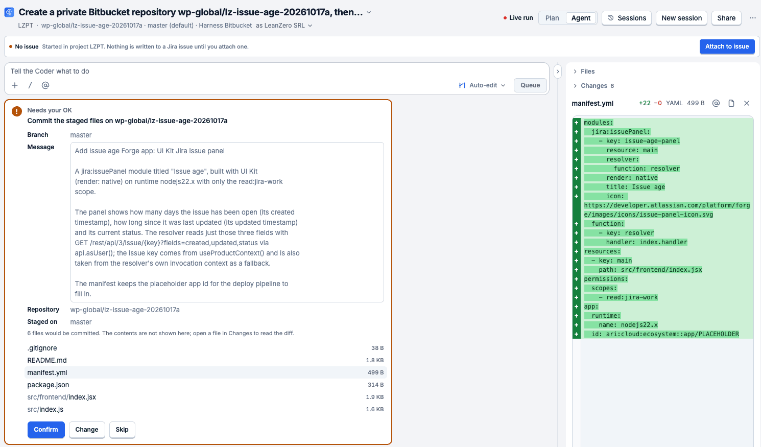 The commit card with six files and the manifest.yml diff open, showing jira:issuePanel, render native, scope read:jira-work and runtime nodejs22.x